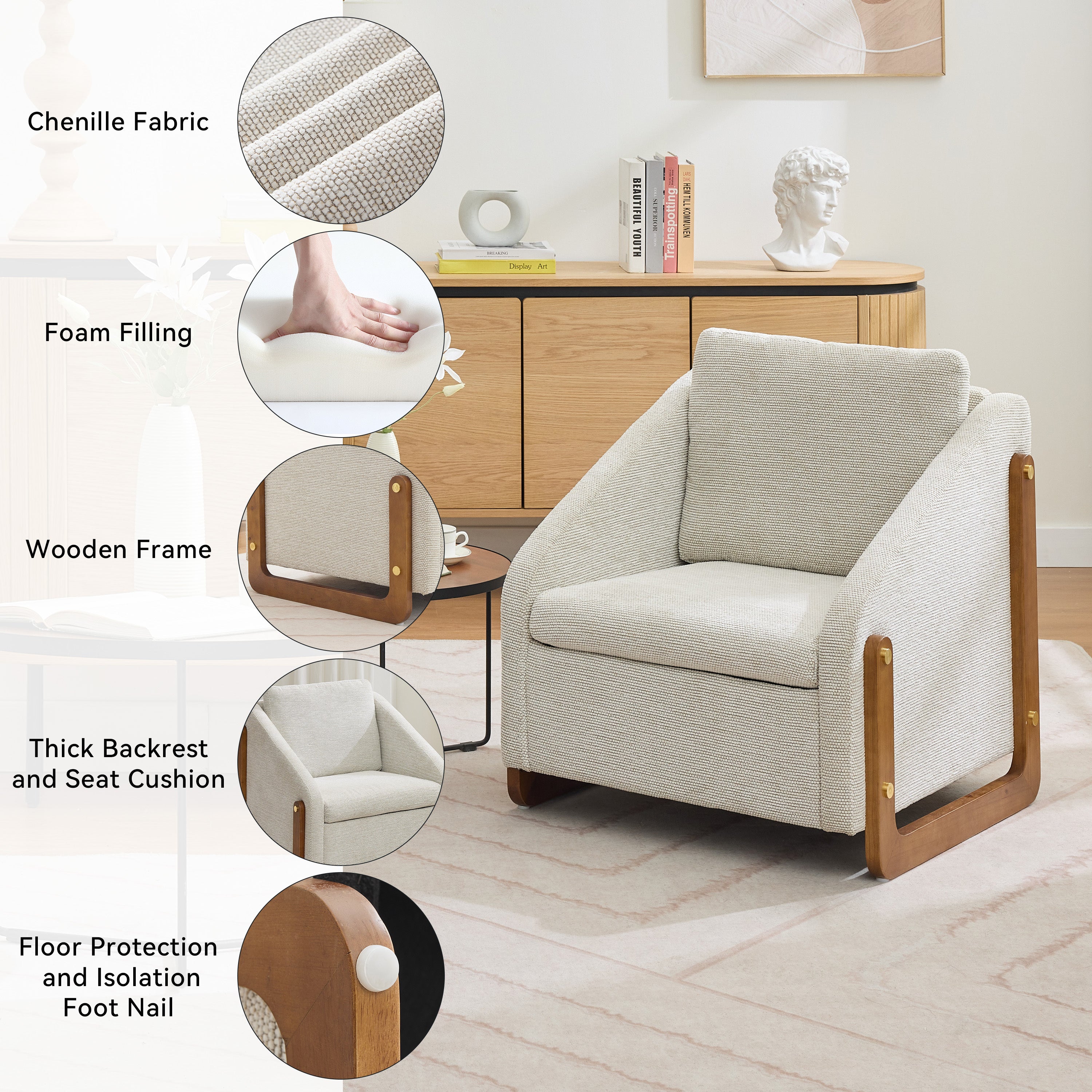 Modern Upholstered Armchair with Wooden Side Frame