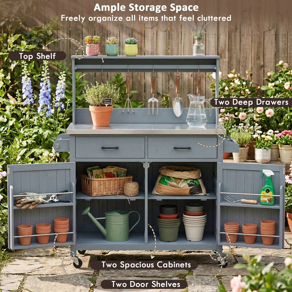 54.1" Outdoor Kitchen Island with High Shelf, Stainless Steel Top & Storage Cabinet