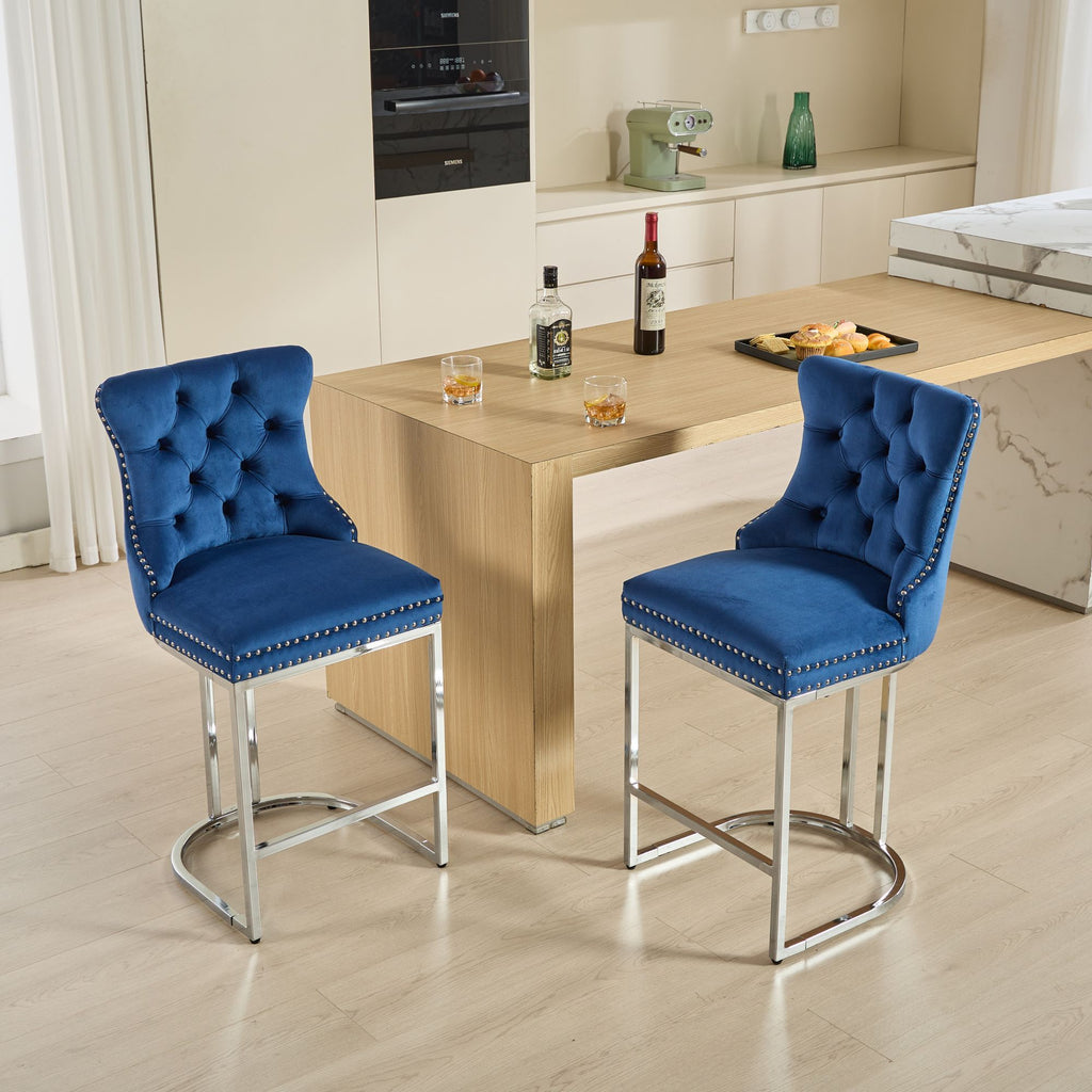 Luxury Elegant Nailhead Trim Tufted Velvet Bar Stools (Set of 2)