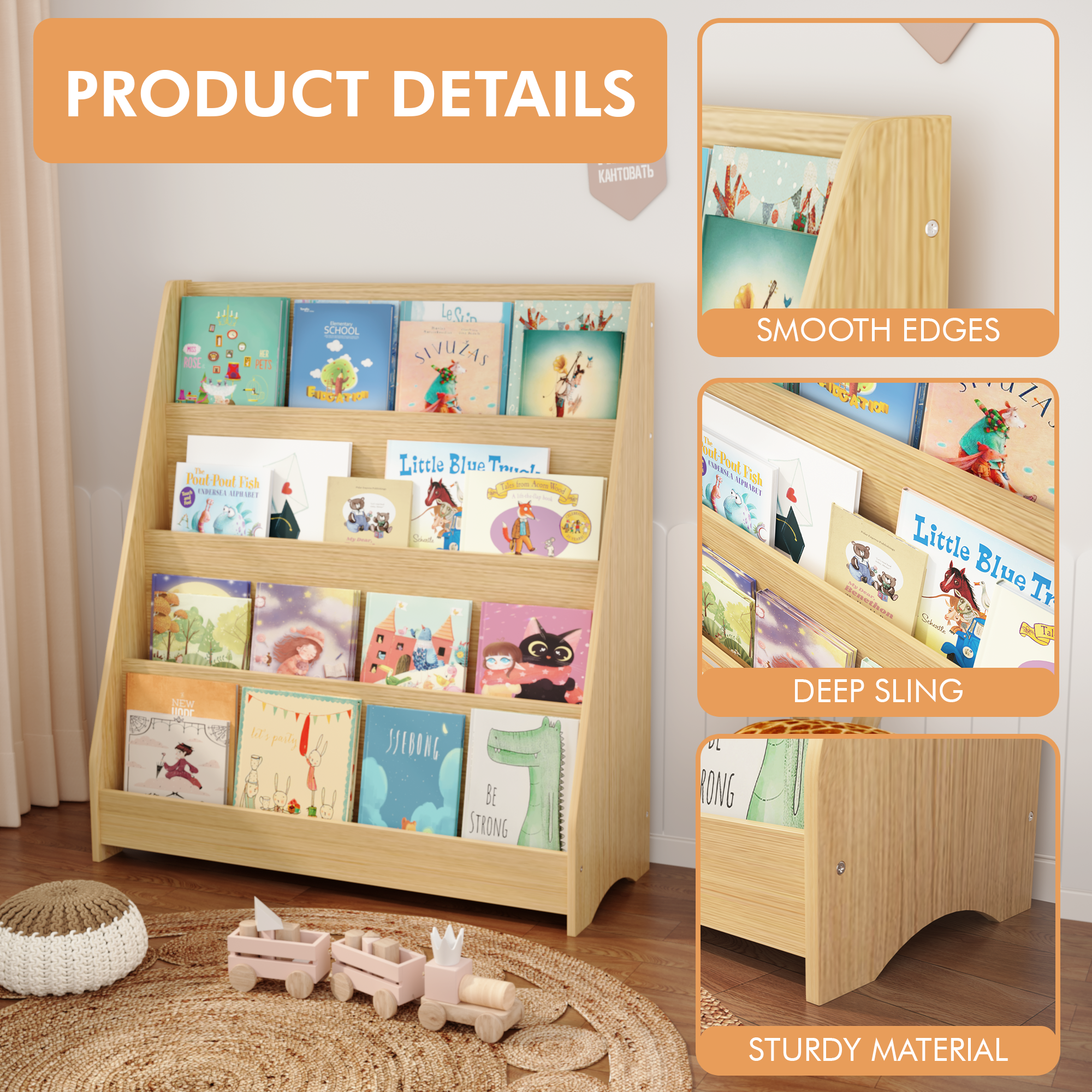 4-Tier MDF Toddler Book Display Shelves Kids Bookshelf