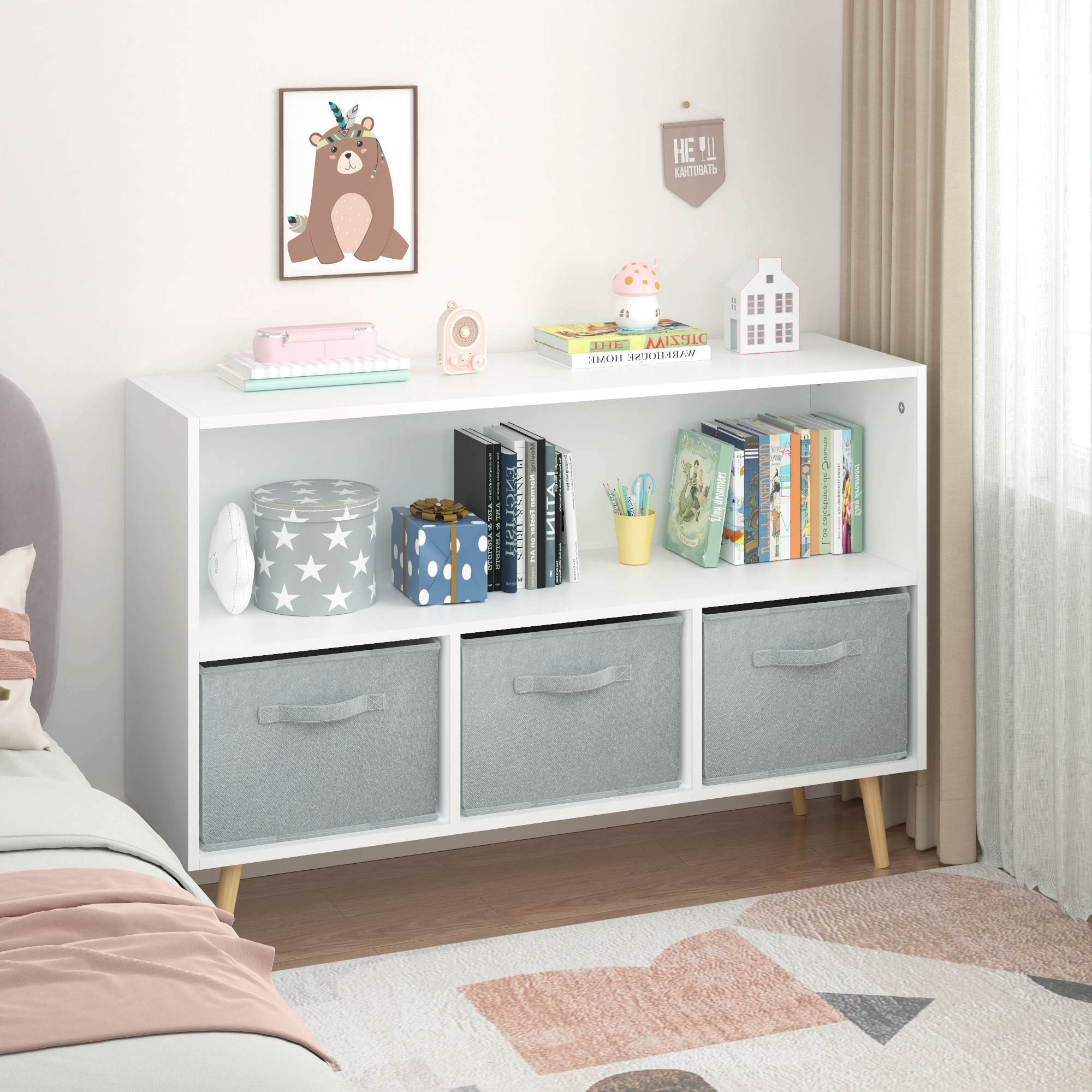 Children's Book Display Kids Bookcase with 3 Fabric Bins