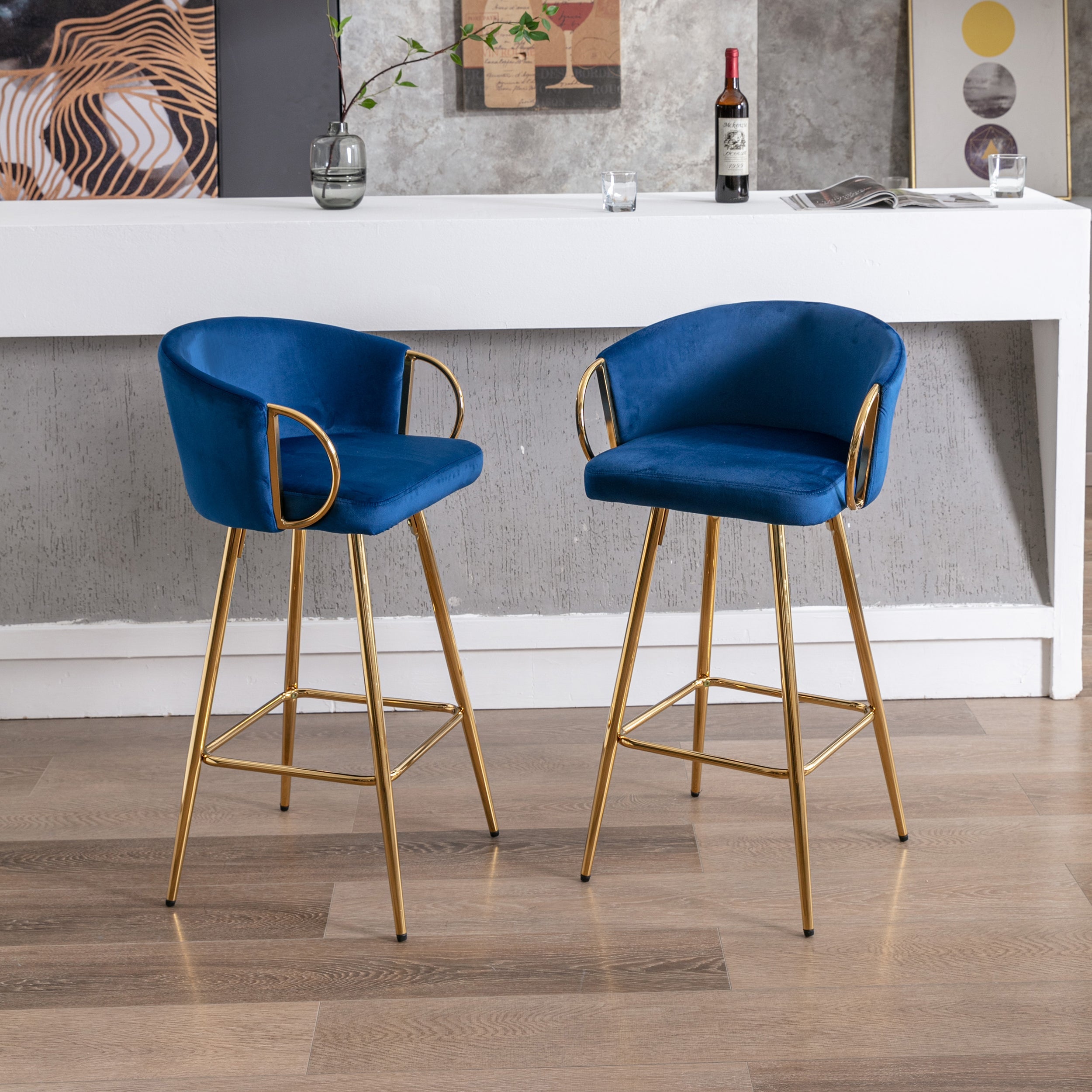 Velvet Bar Stools with Chrome Footrest and Base（Set of 2)