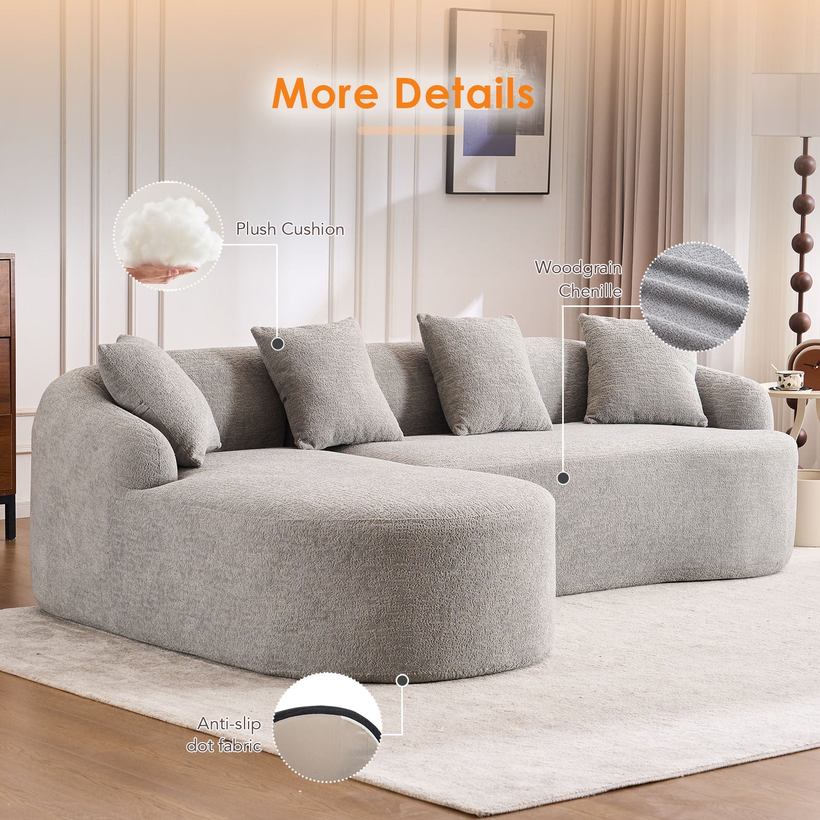 Boneless L-Shape Sectional Sofa with Curved Chaise