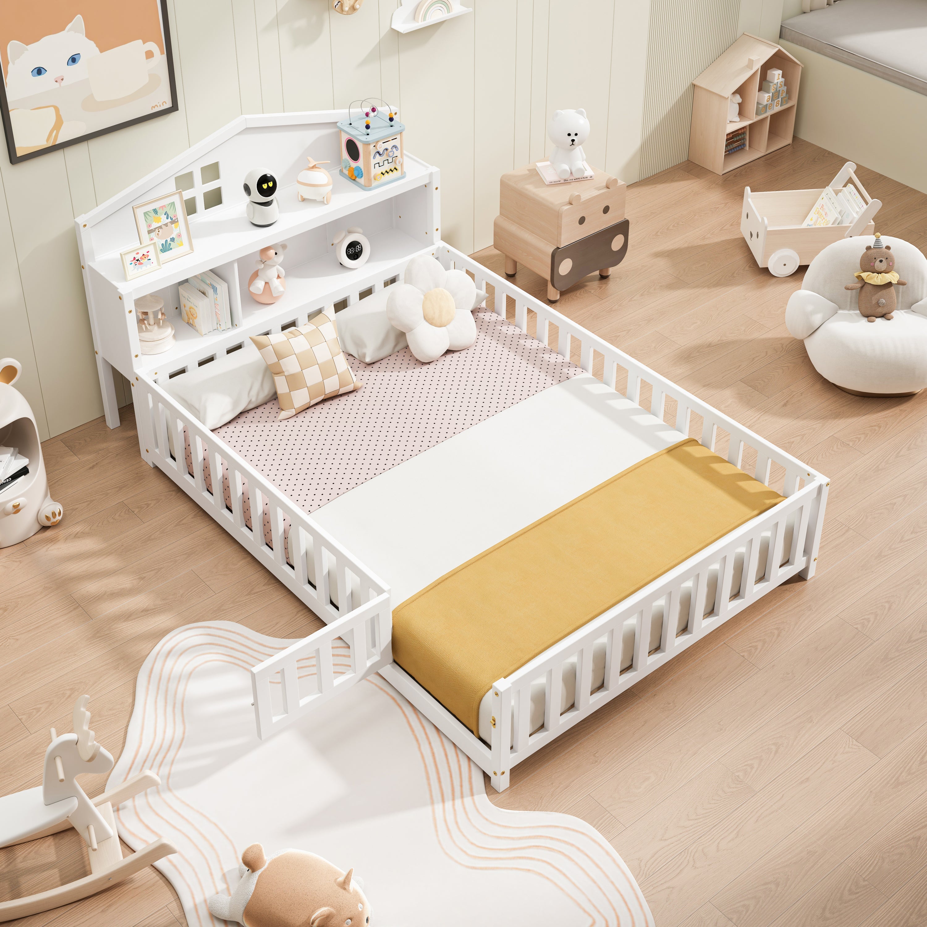 Full-size Montessori Floor Bed with Bookcases and Blackboards