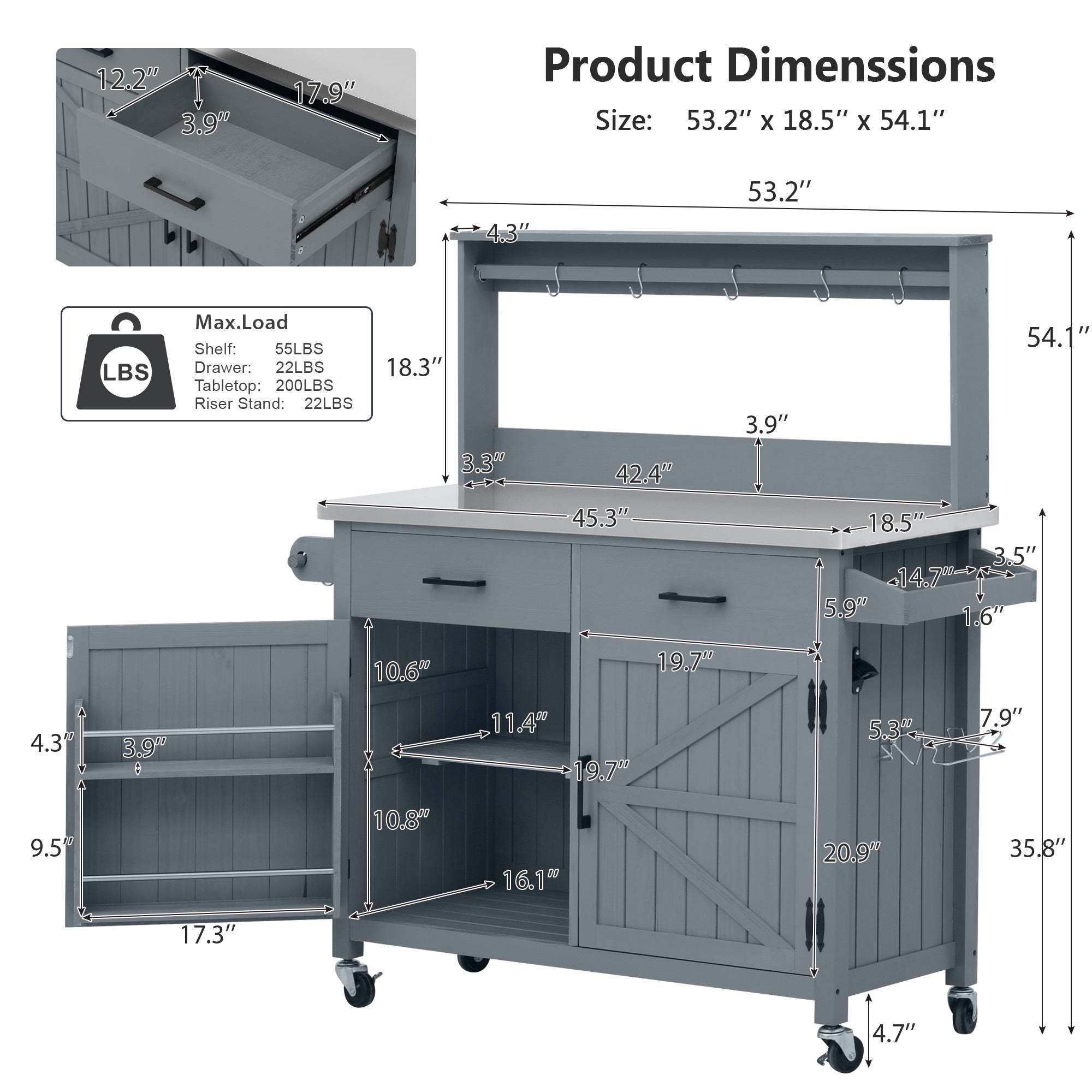 54.1" Outdoor Kitchen Island with High Shelf, Stainless Steel Top & Storage Cabinet