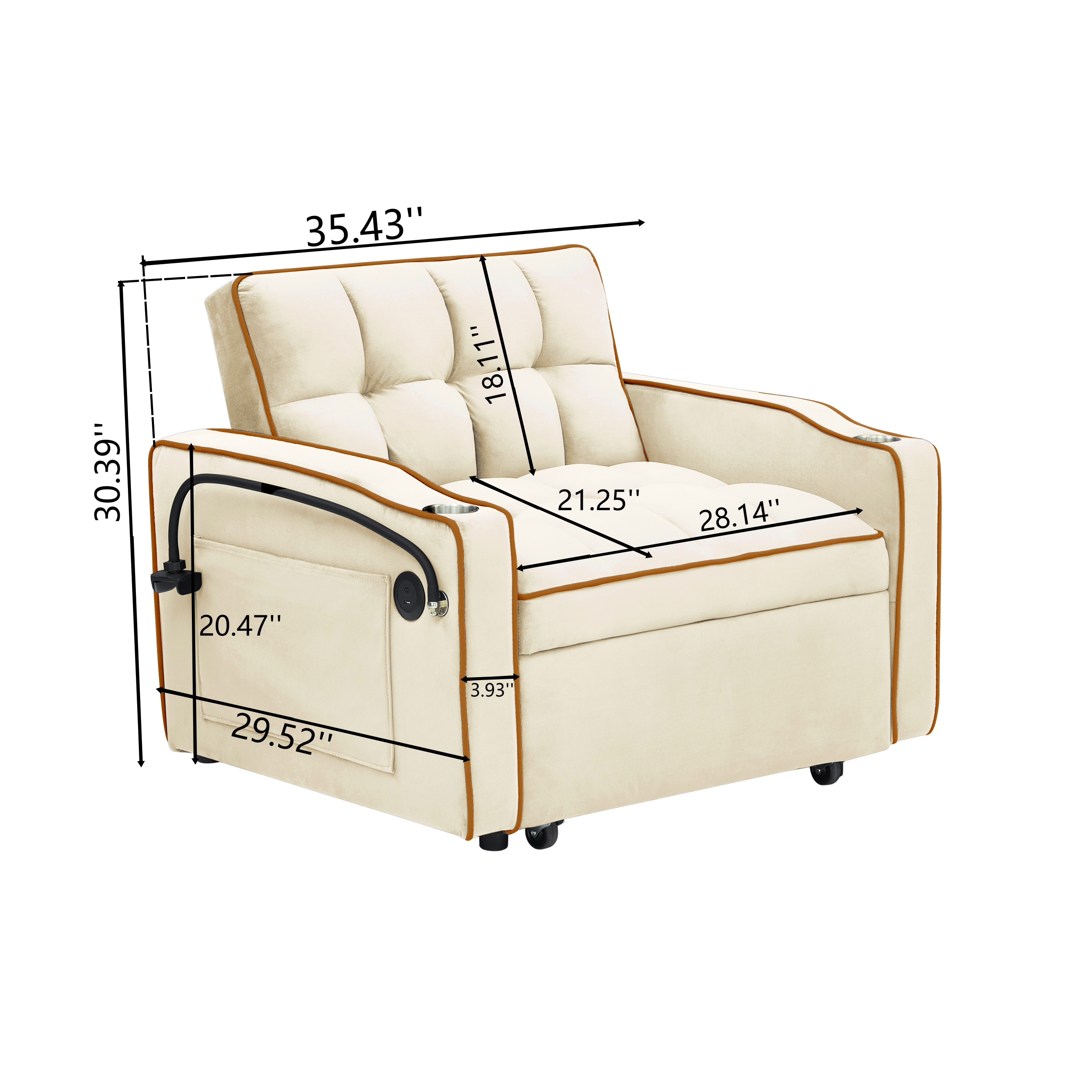 Velvet Foldable Sofa Bed Adjustable Back with USB, Ashtray & Phone Stand