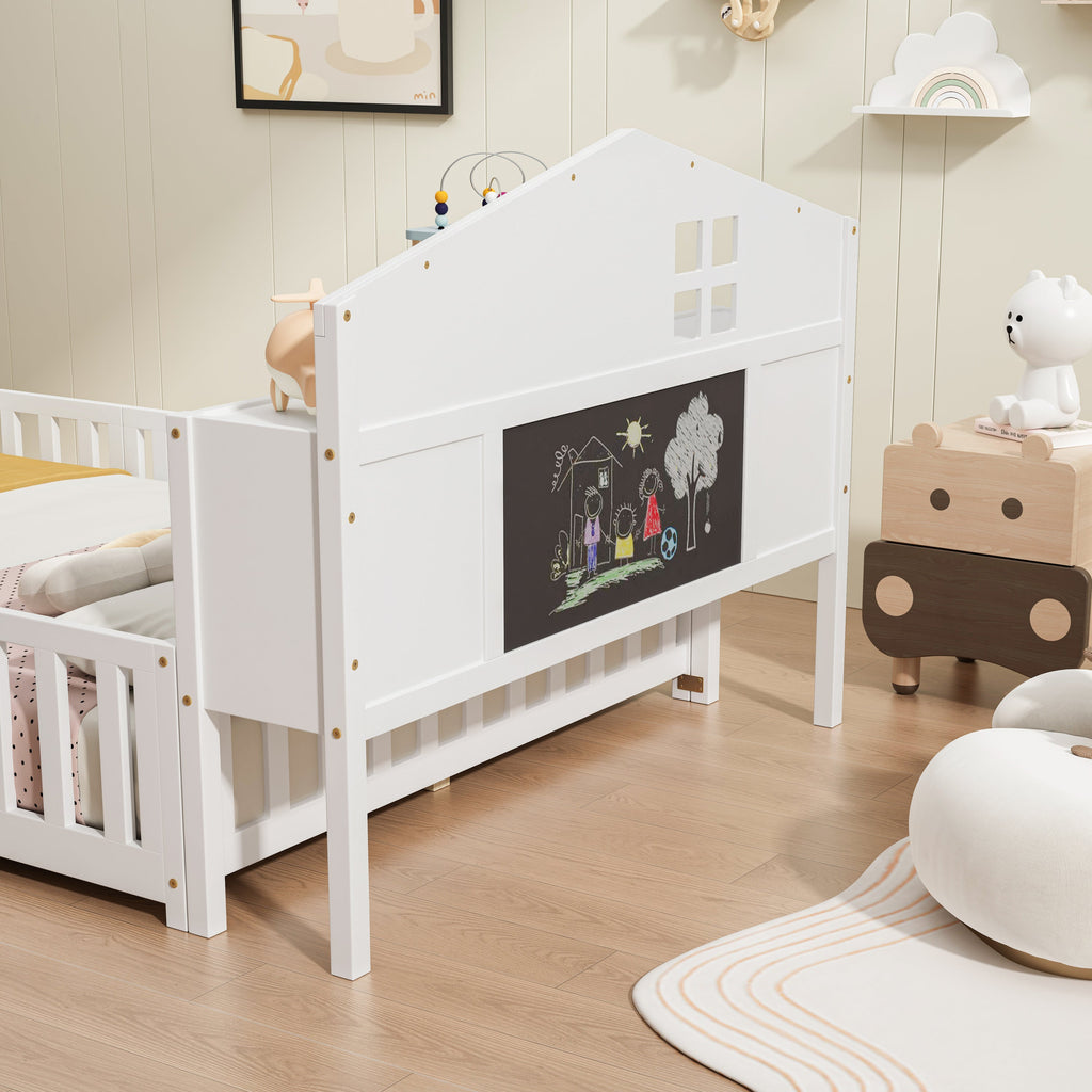 Full-size Montessori Floor Bed with Bookcases and Blackboards