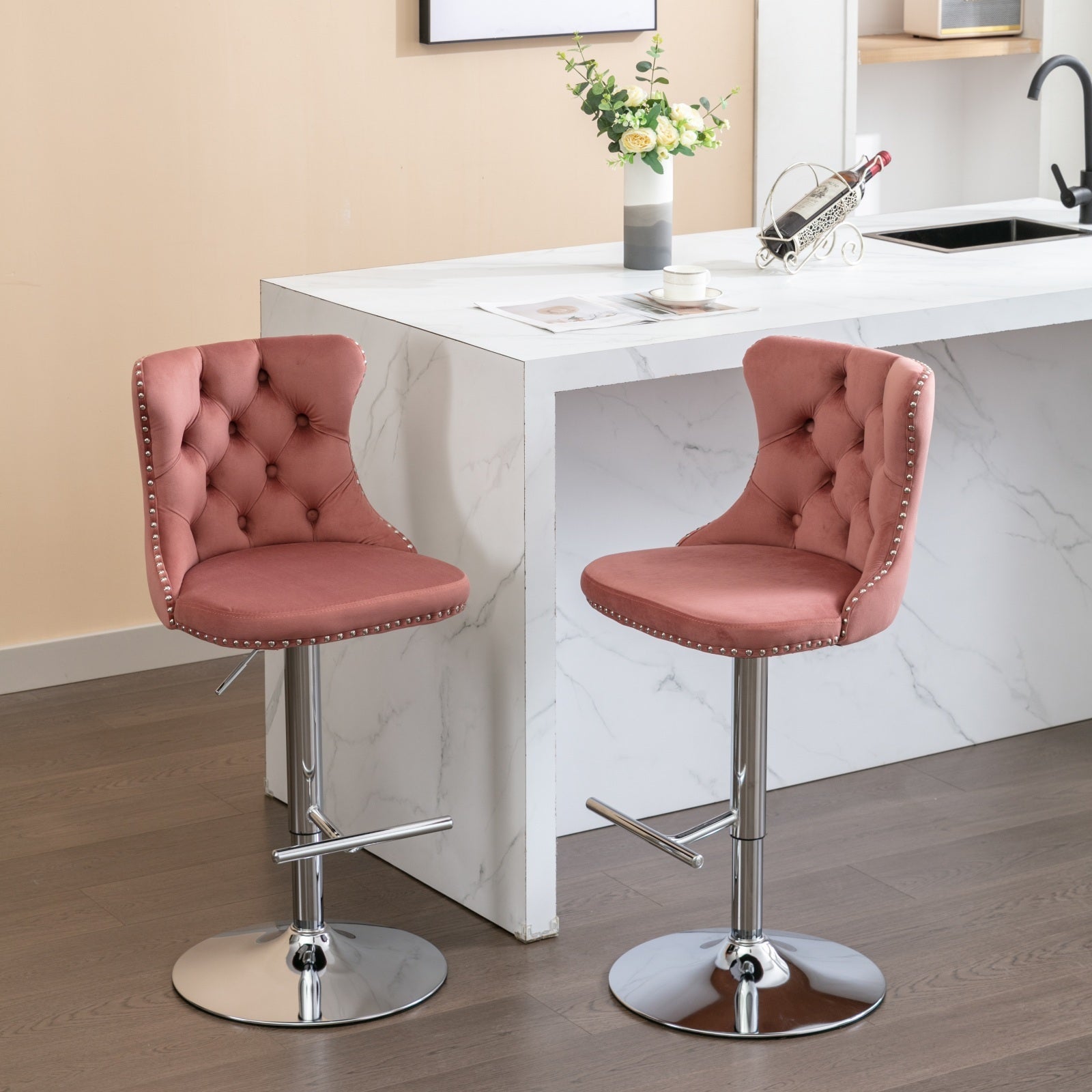 25-33 Inch Modern Velvet Swivel Barstools (Set of 2)