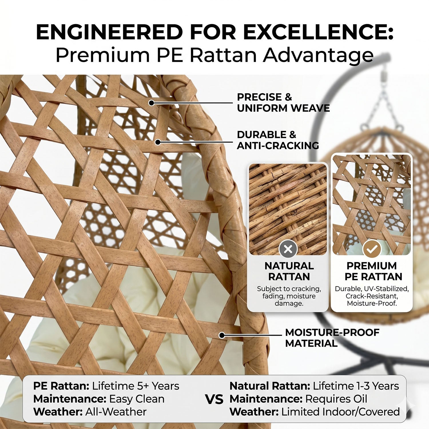 Folding PE Rattan Hanging Egg Chair with Aluminum Steel Frame