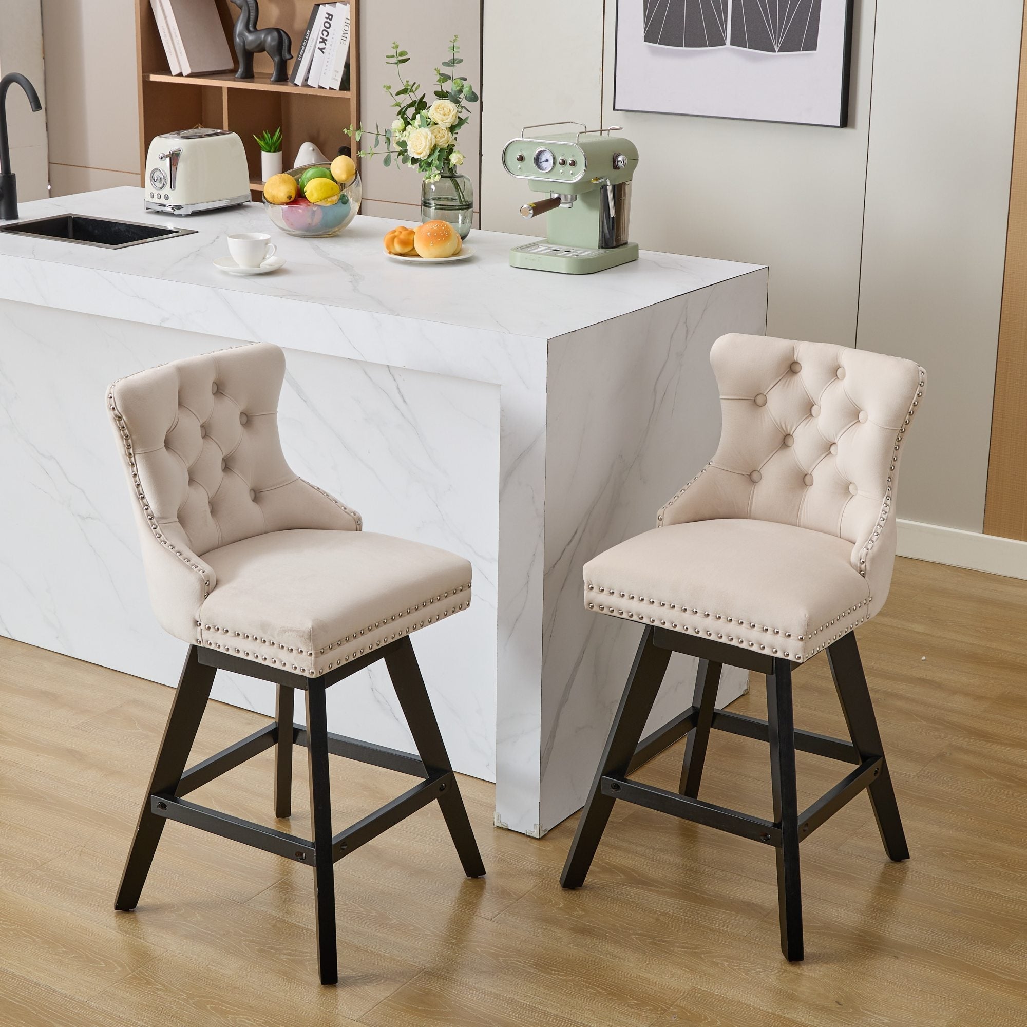 Swivel Velvet Barstools with Button Tufted Decoration (Set of 2)