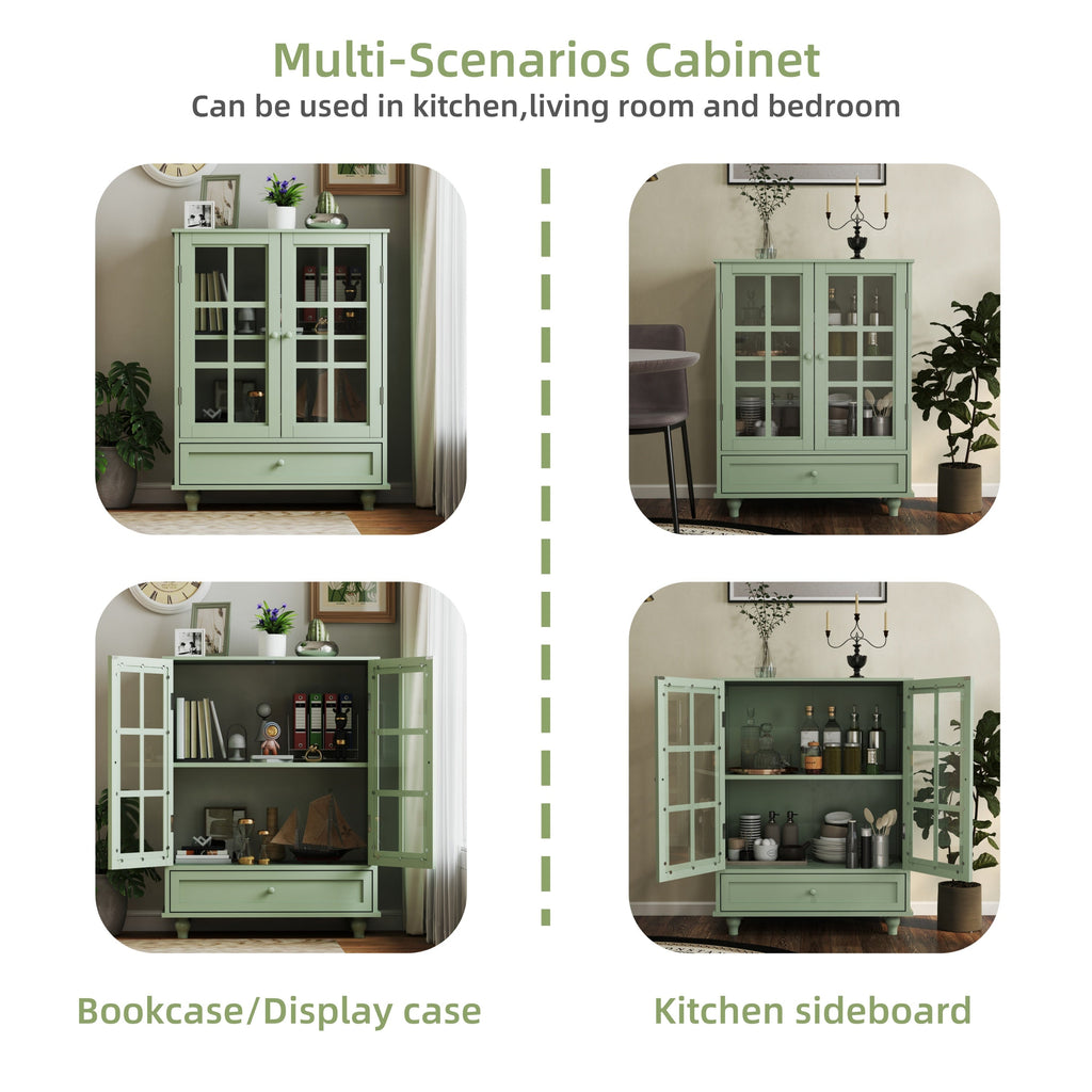 Minimalism Buffet Cabinet with Double Glass Doors and Drawer Mint Green