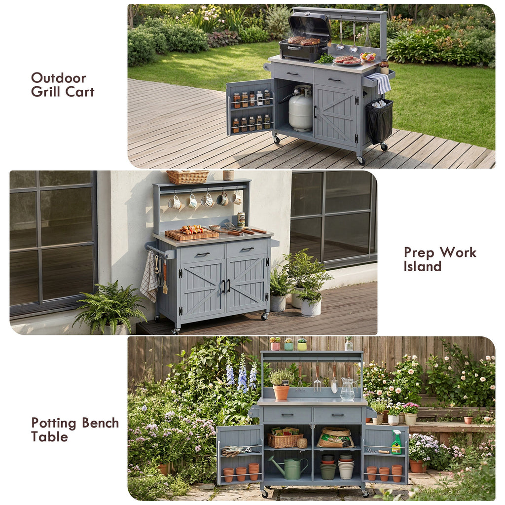 54.1" Outdoor Kitchen Island with High Shelf, Stainless Steel Top & Storage Cabinet