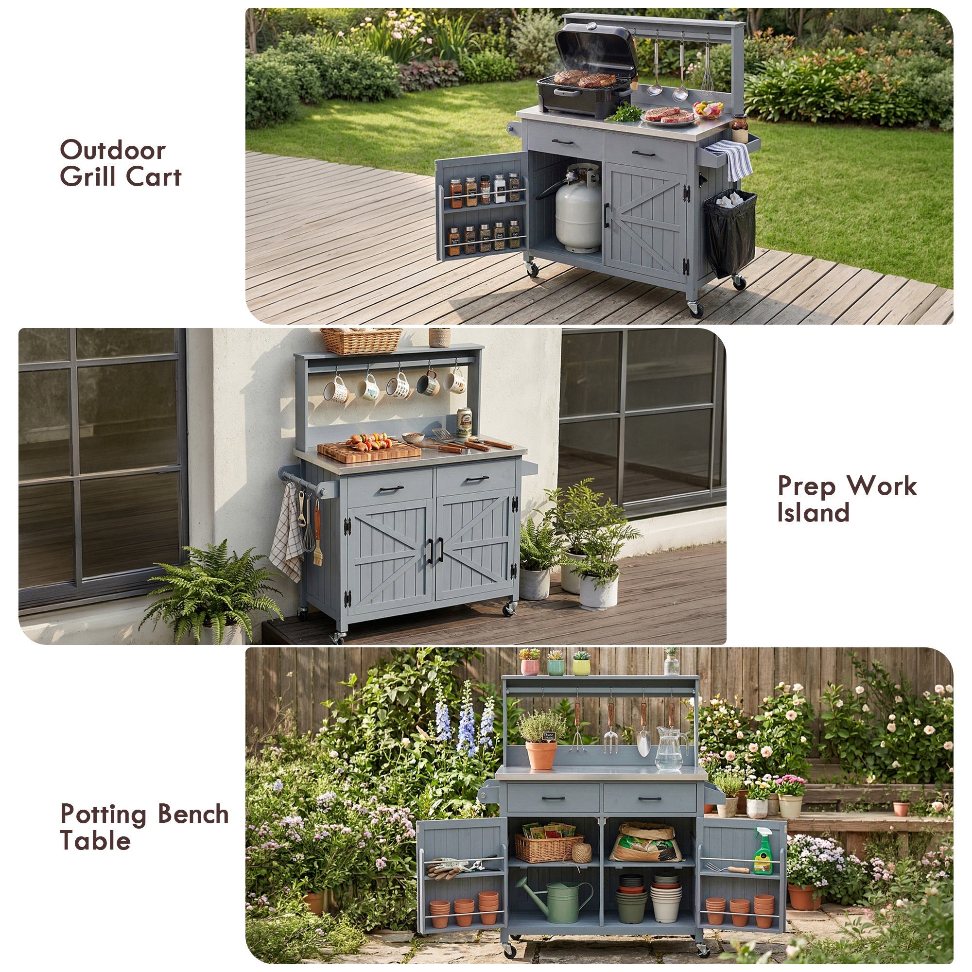 54.1" Outdoor Kitchen Island with High Shelf, Stainless Steel Top & Storage Cabinet