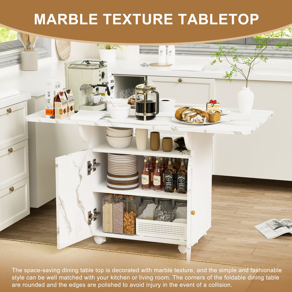 Versatile 47' White Marble MDF Folding Dining Table with Storage Rack and Cabinet