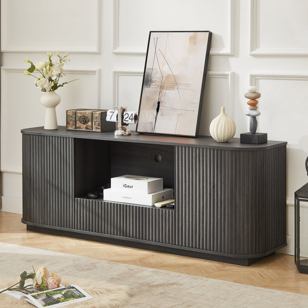 64-Inch Wavy Wooden Vertical Stripe TV Stand Cabinet