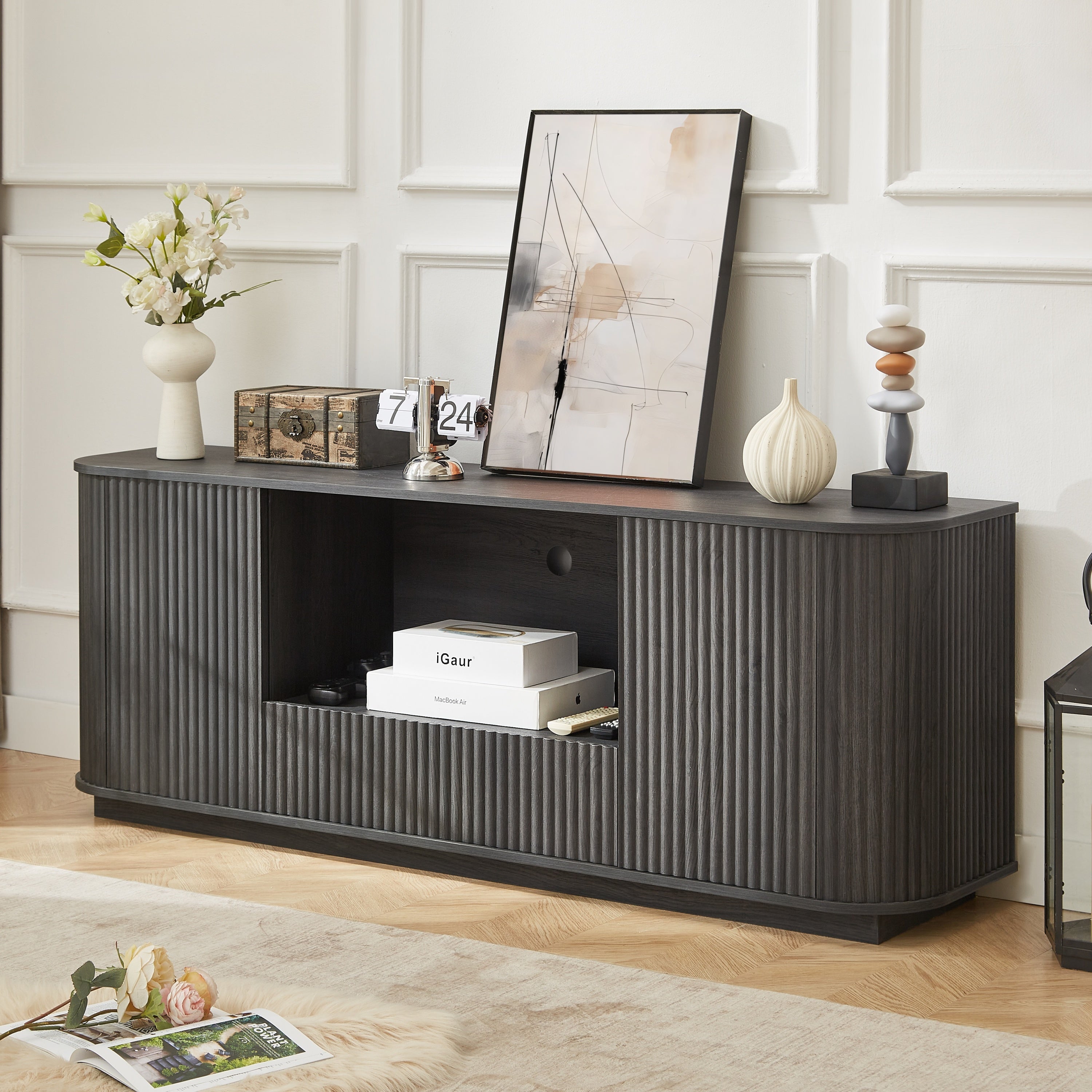 64-Inch Wavy Wooden Vertical Stripe TV Stand Cabinet