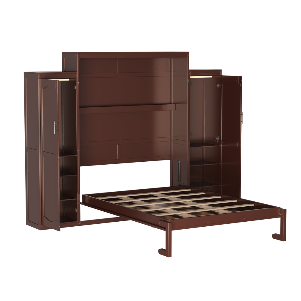 Wooden Queen Wall Bed with 2 Wardrobe and Storage Shelf