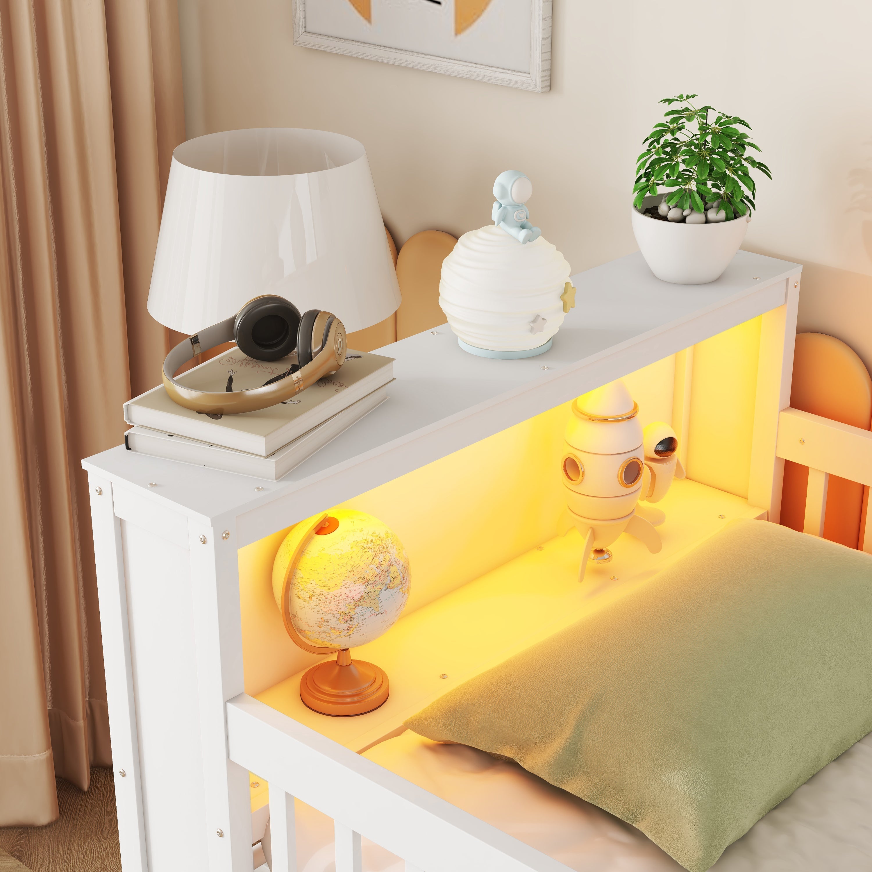 Twin Size Loft Bed with LED and Bookshelf