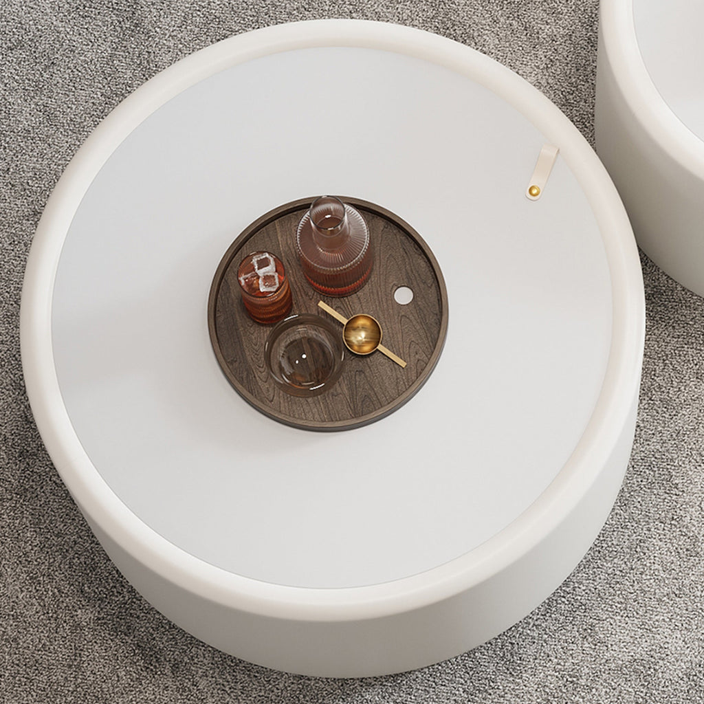28“  PU Leather Round Coffee Table with Tempered Glass Top