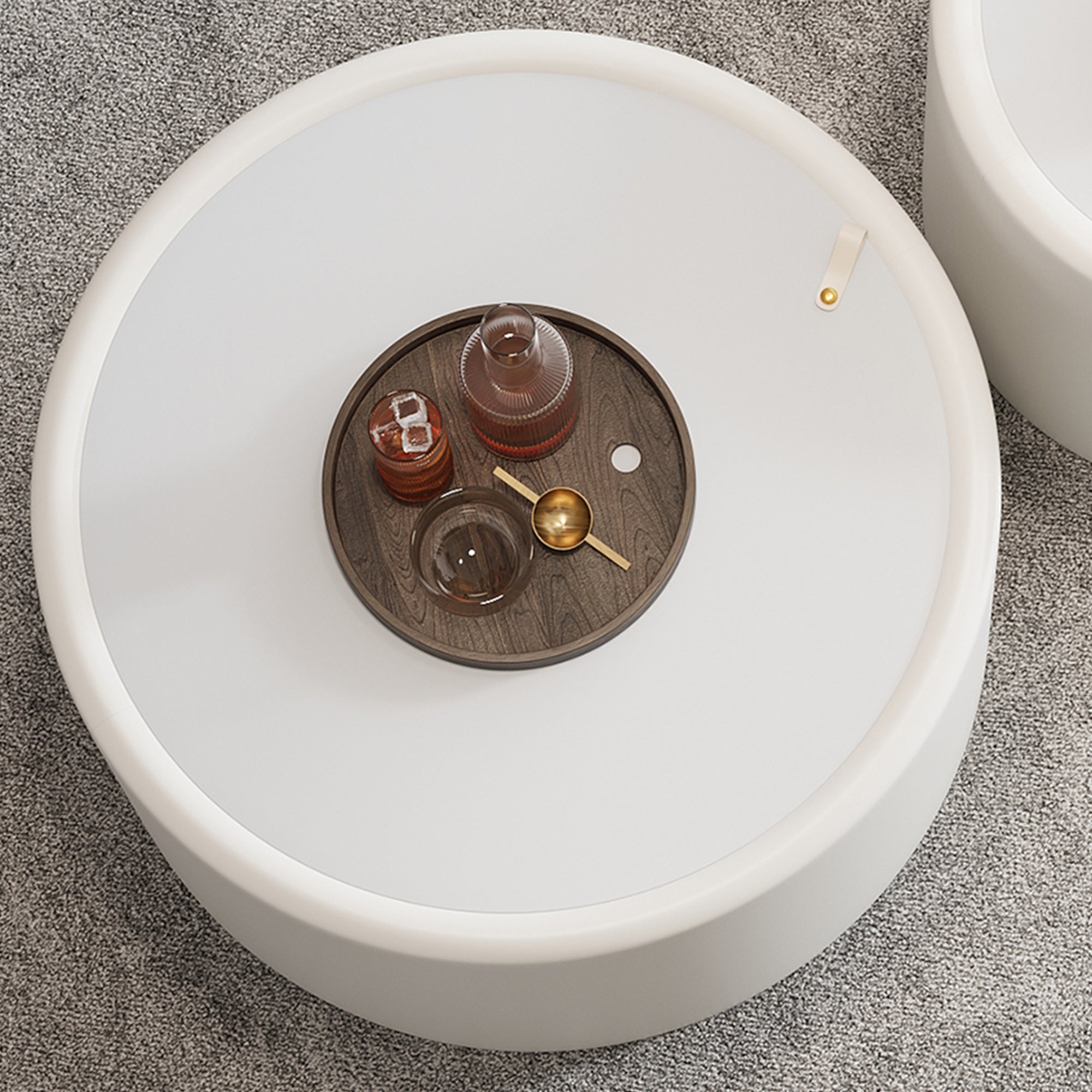 28“  PU Leather Round Coffee Table with Tempered Glass Top