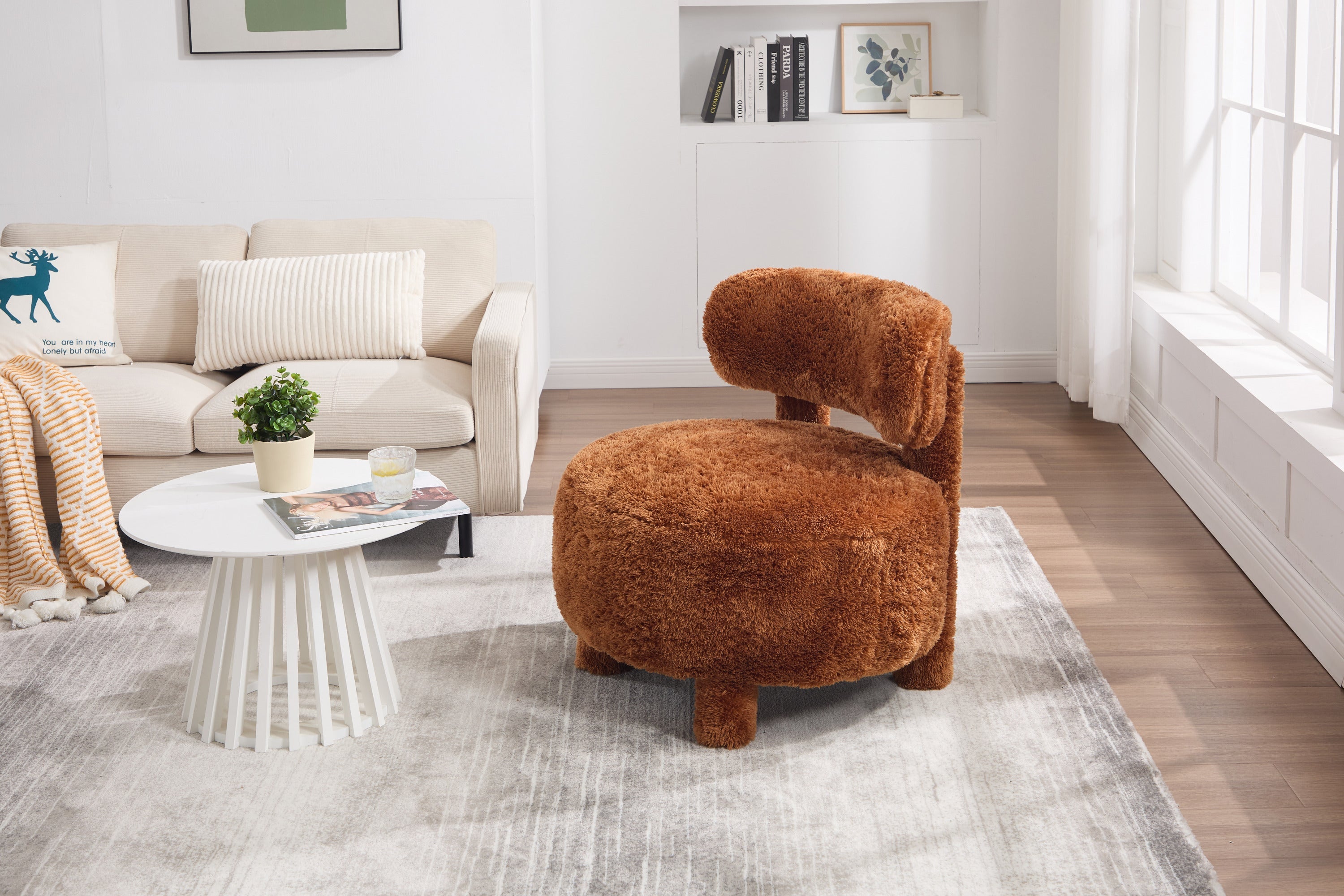 Fur/Teddy Fabric Armless Accent Chair with Curved Backrest