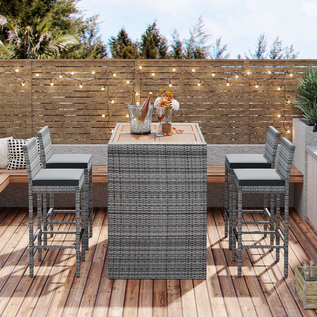 5-Piece Outdoor Wicker Bar Set with Removable Cushion and Acacia Top