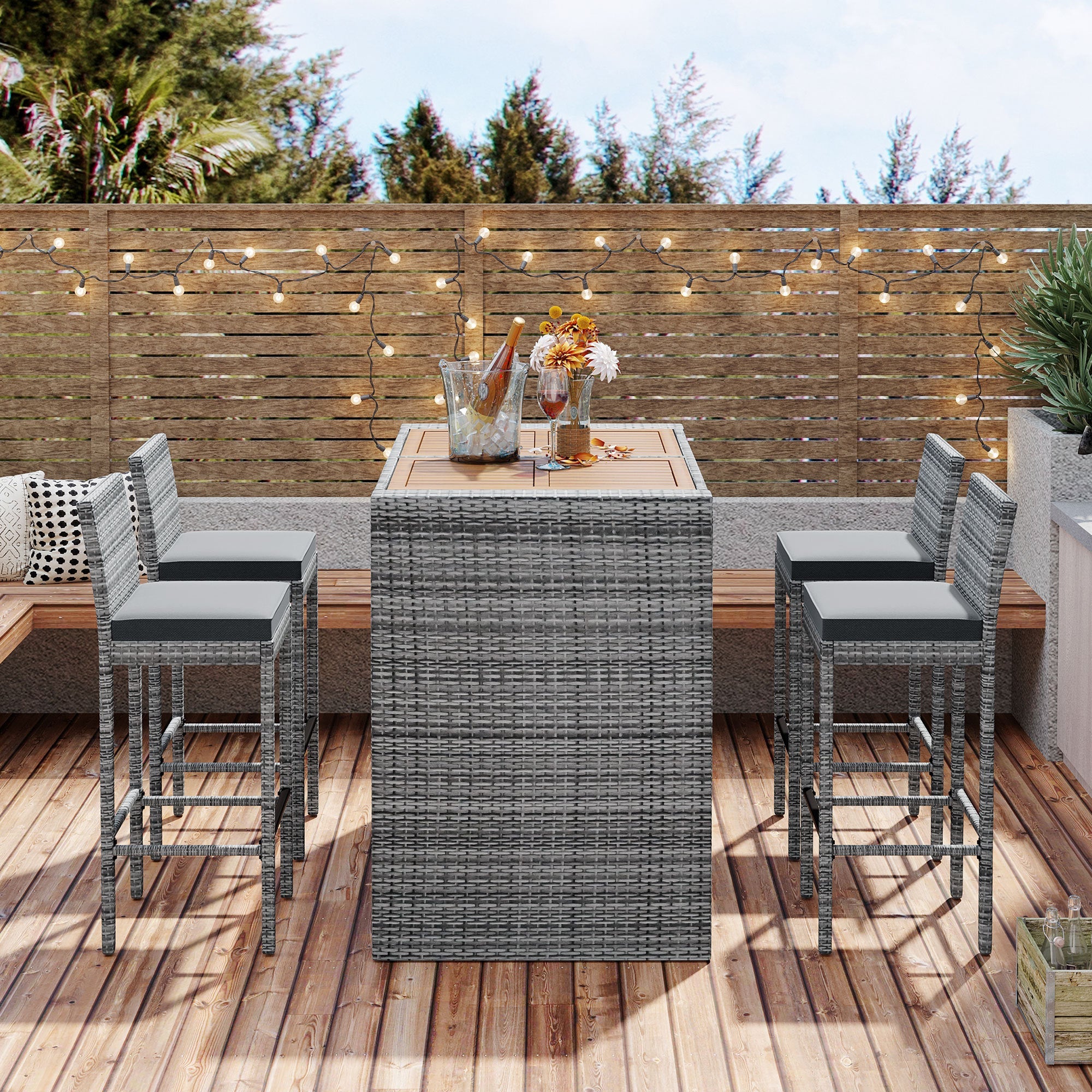5-Piece Outdoor Wicker Bar Set with Removable Cushion and Acacia Top