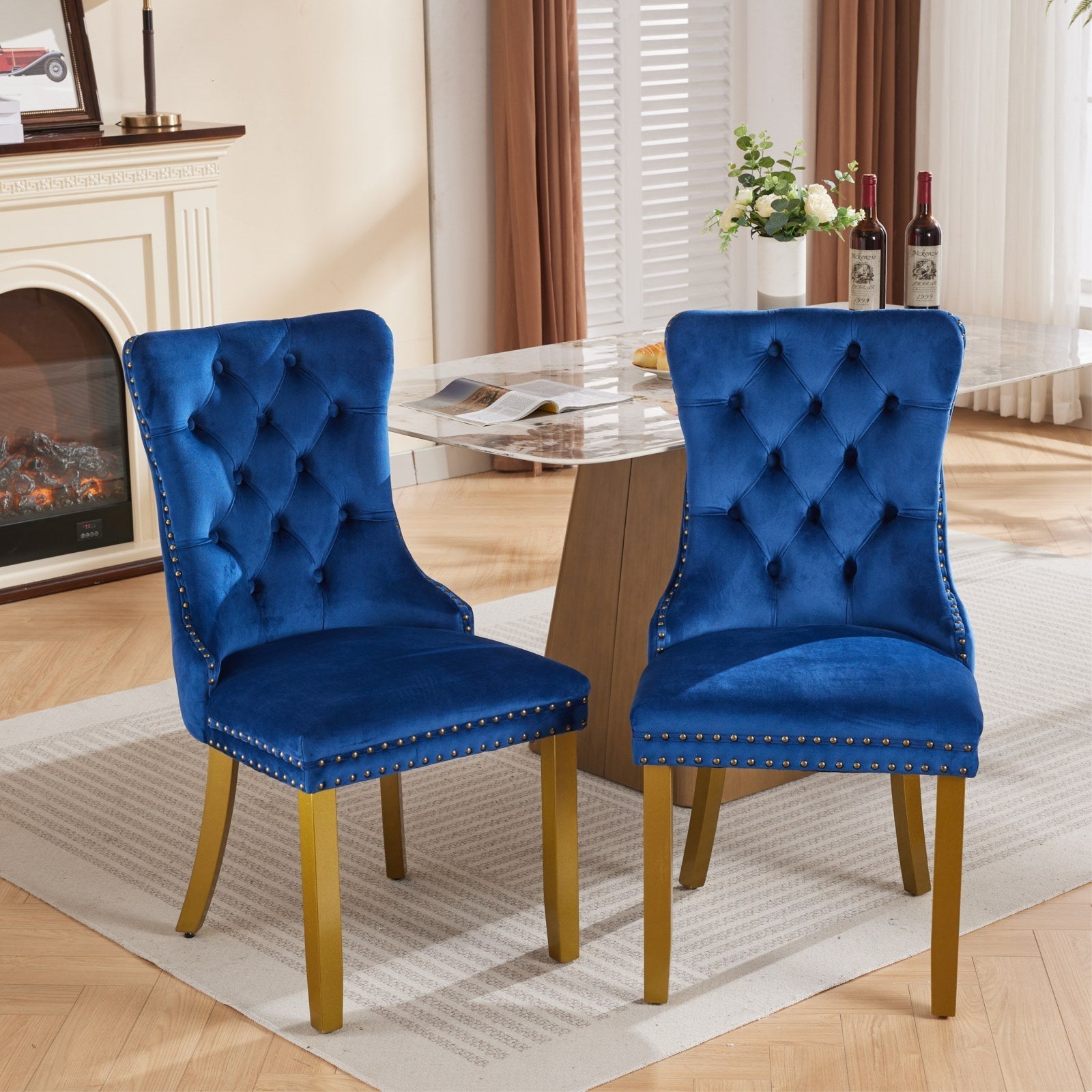 Mid-Century Velvet Dining Chairs with Lion Head Pull Ring (Set of 2)