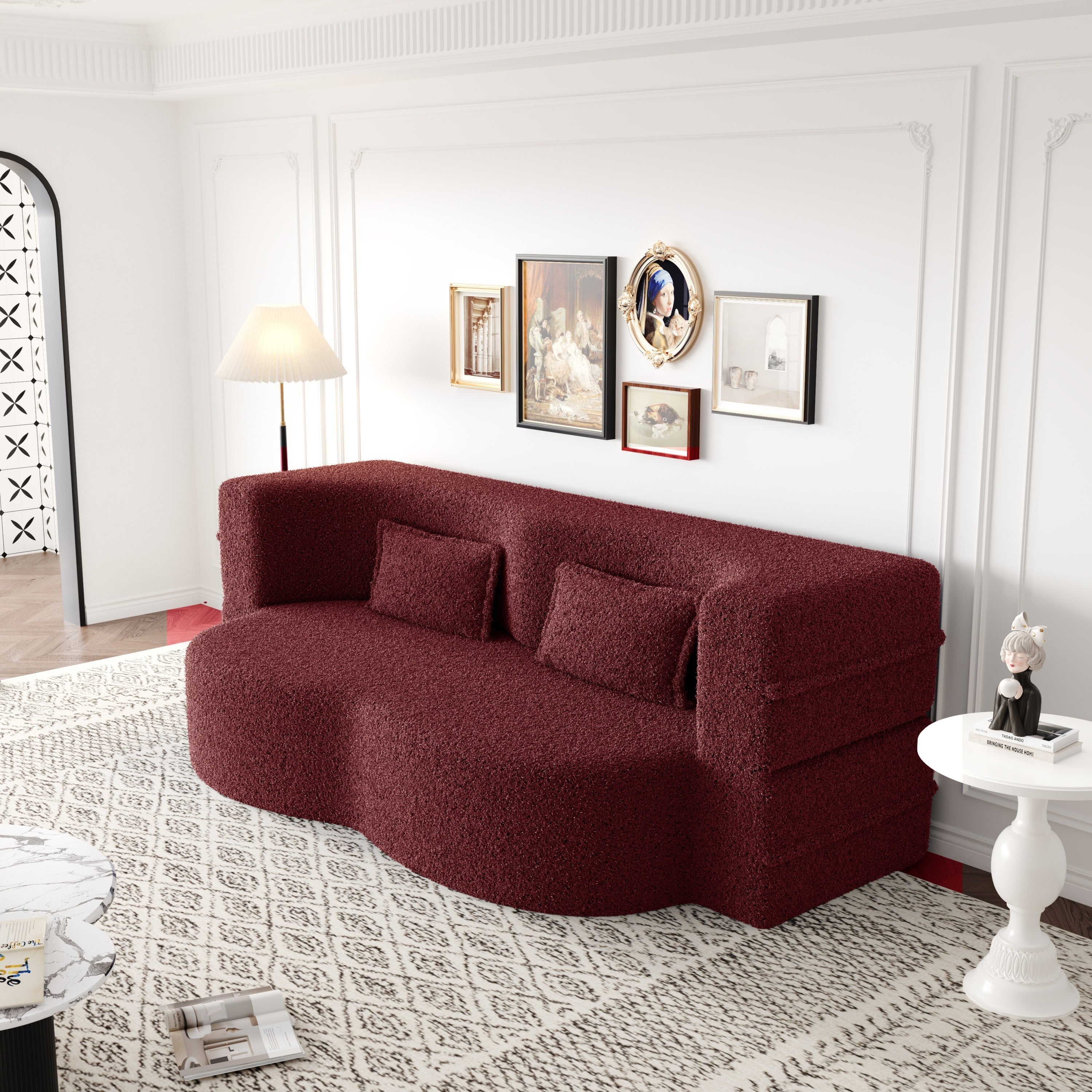 Modern Convertible Teddy Fabric Sofa with 2 Pillows