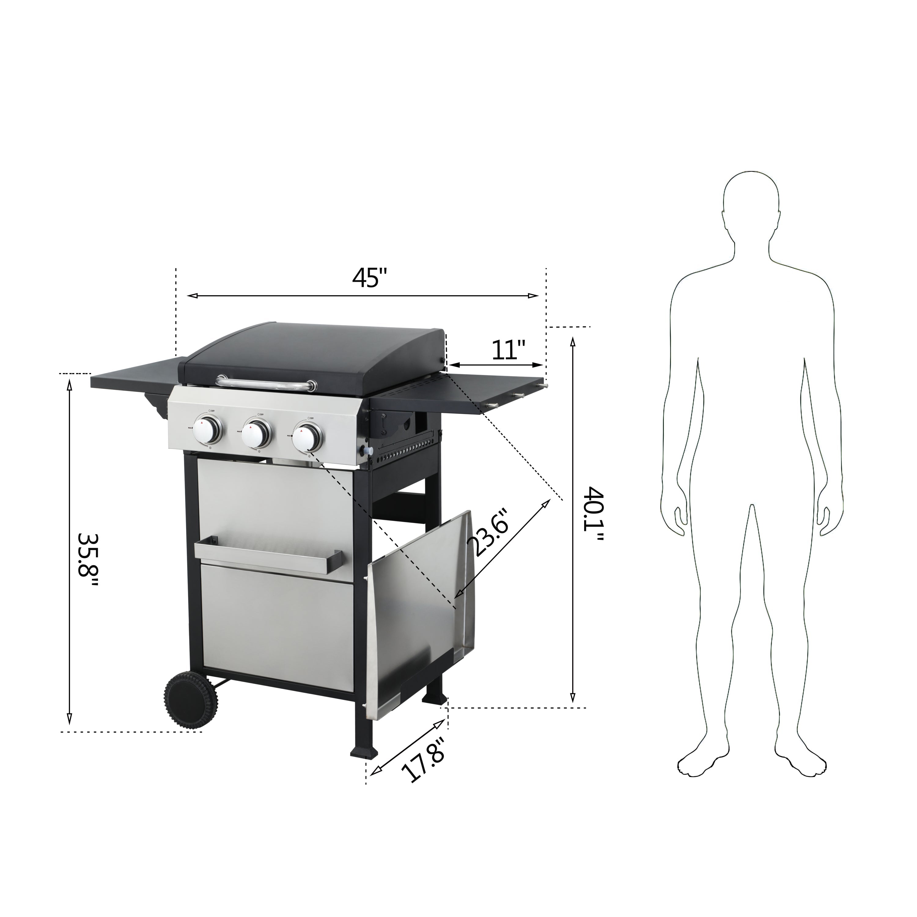 3 Burner Propane Gas BBQ Grill 36900BTU Stainless Steel Cooking Surface Foldable Table