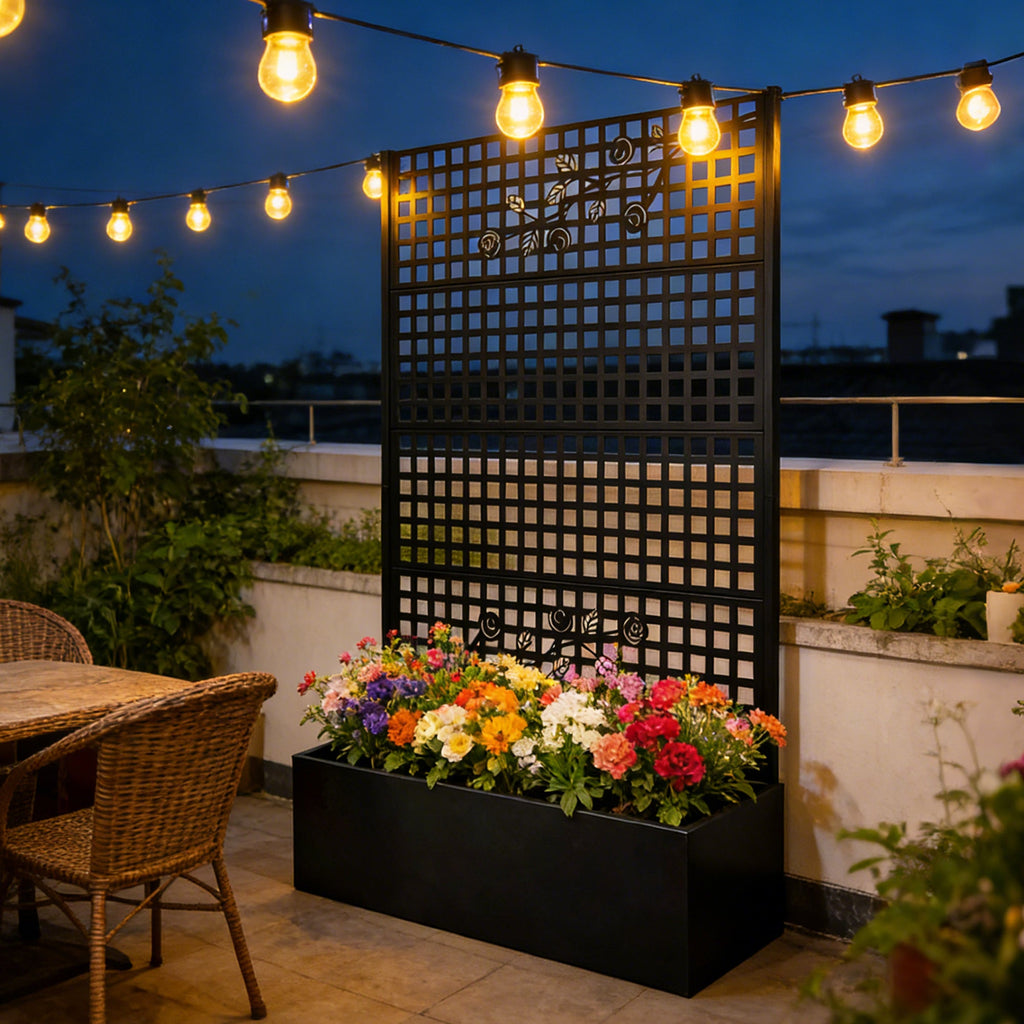 Black Metal Raised Garden Bed with Trellis for Climbing Plants