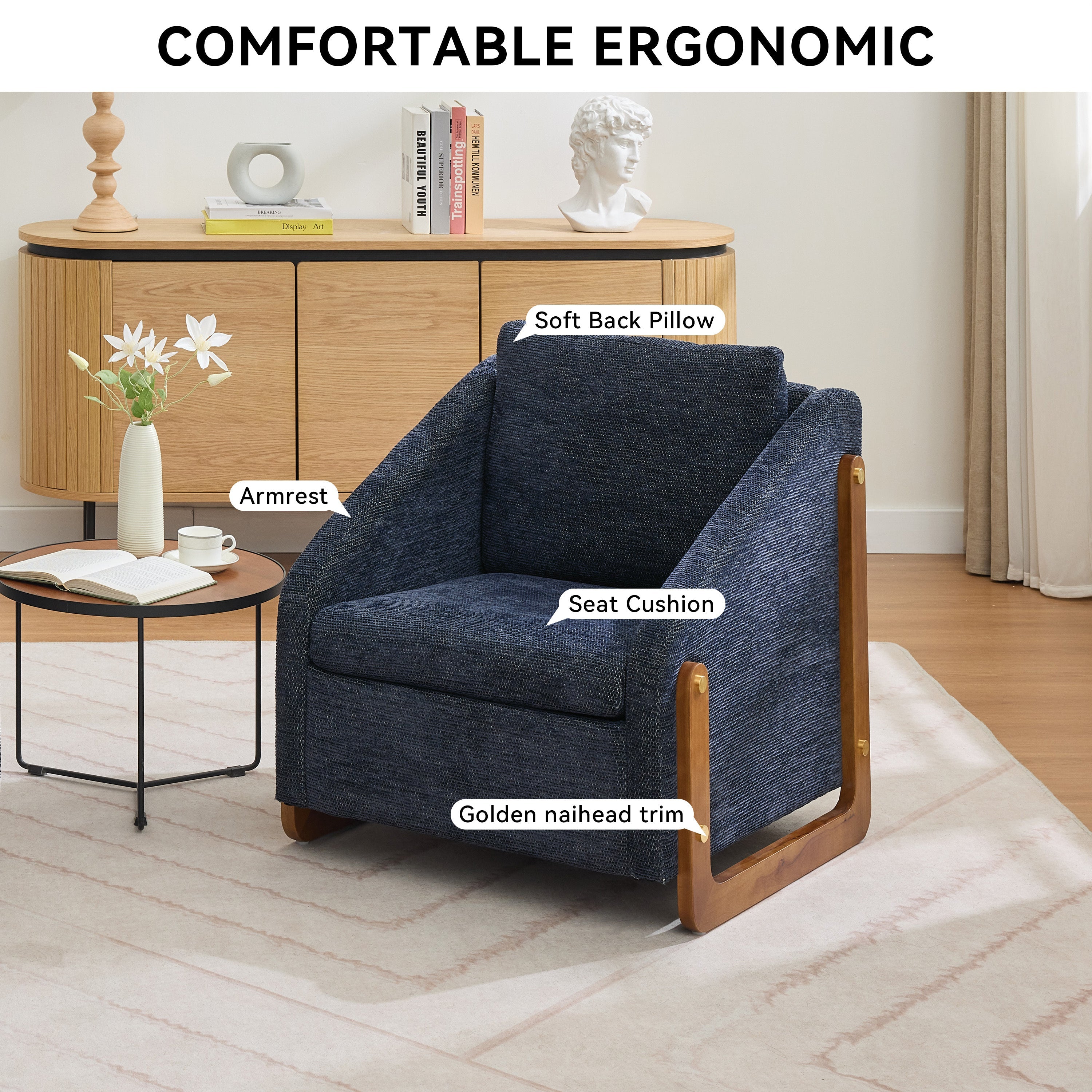 Modern Upholstered Armchair with Wooden Side Frame