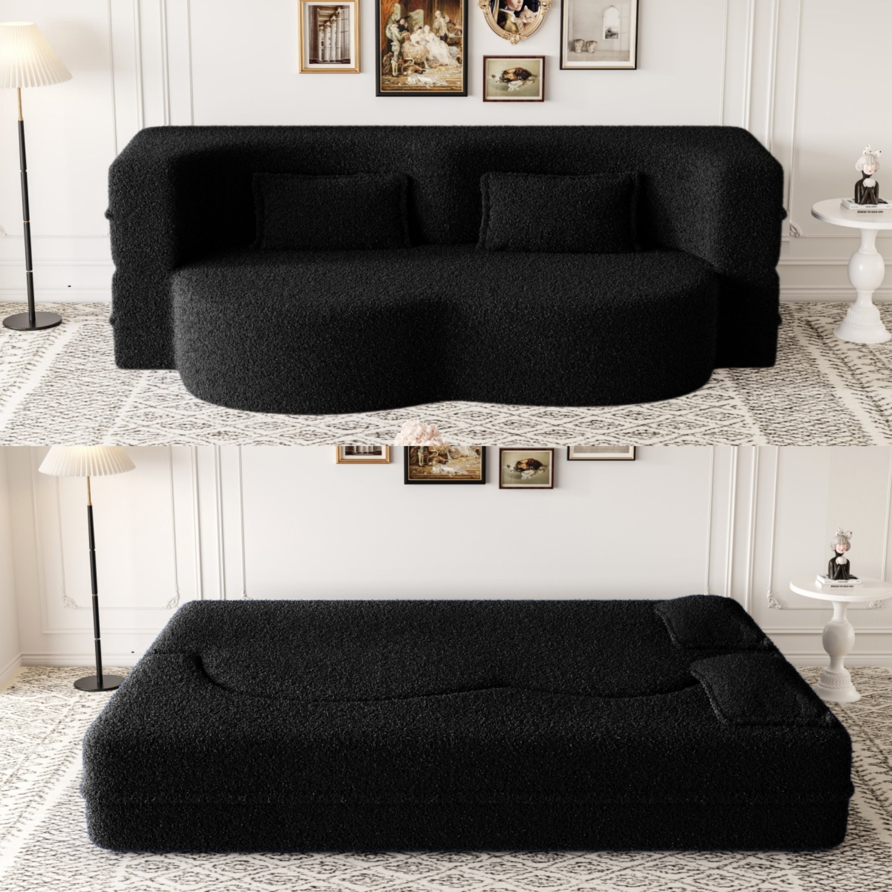 Modern Convertible Teddy Fabric Sofa with 2 Pillows