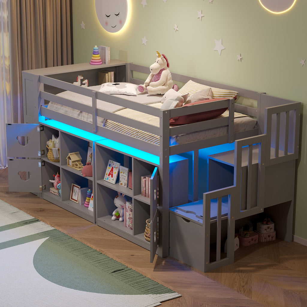 Kids Twin Loft Bed with Storage Cabinets