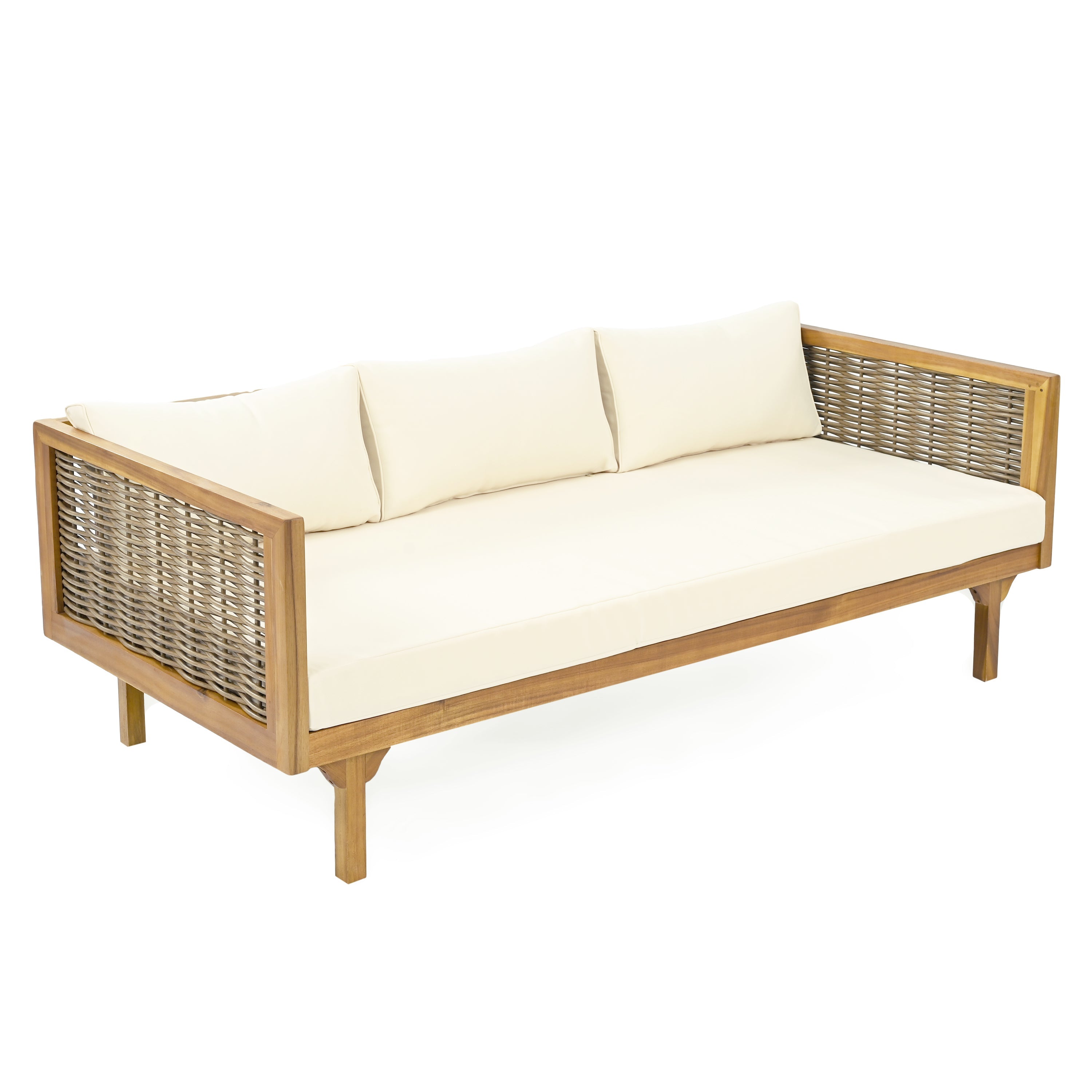 3 Seater Acacia Wood Daybed with Rattan Arms Beige Cushion