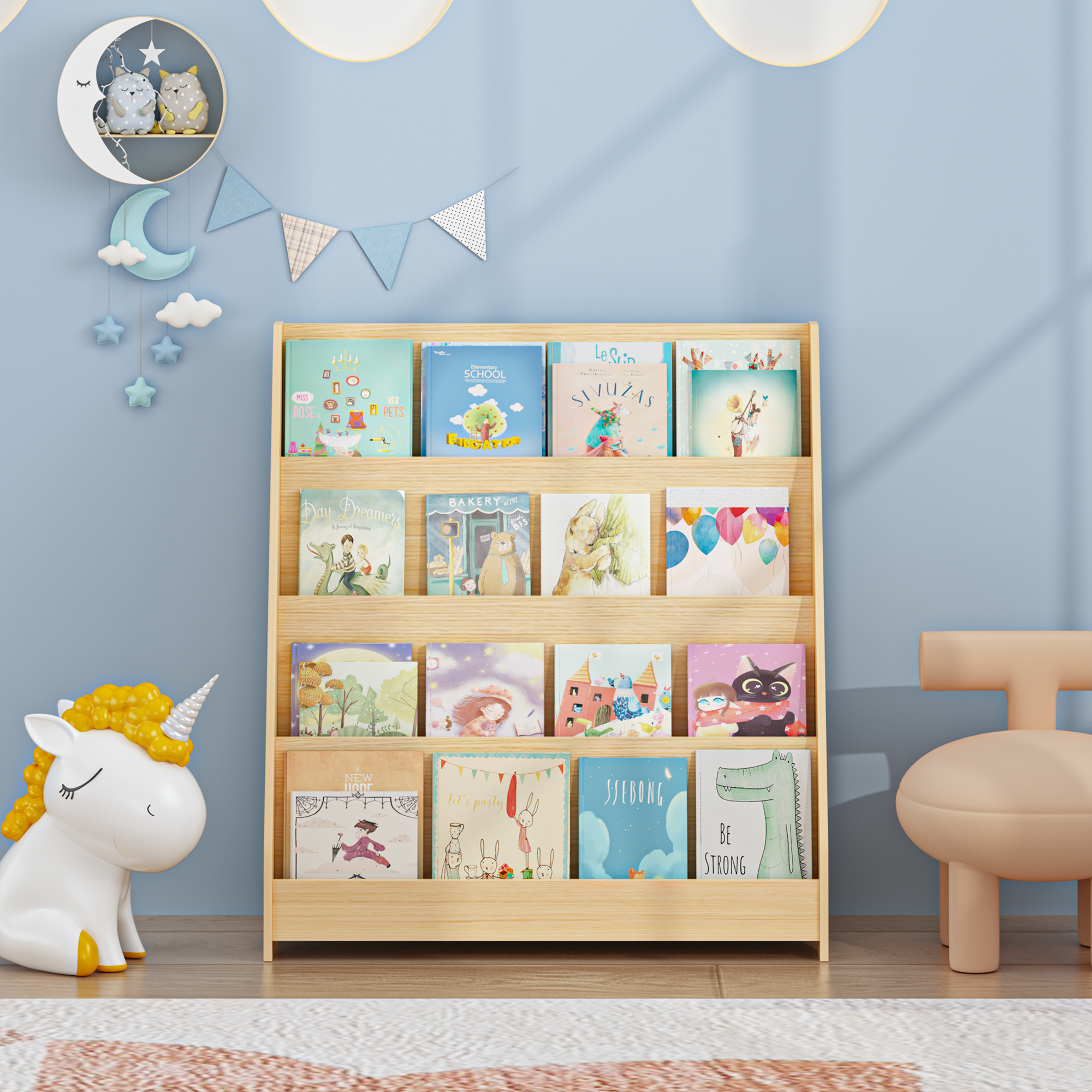 4-Tier MDF Toddler Book Display Shelves Kids Bookshelf
