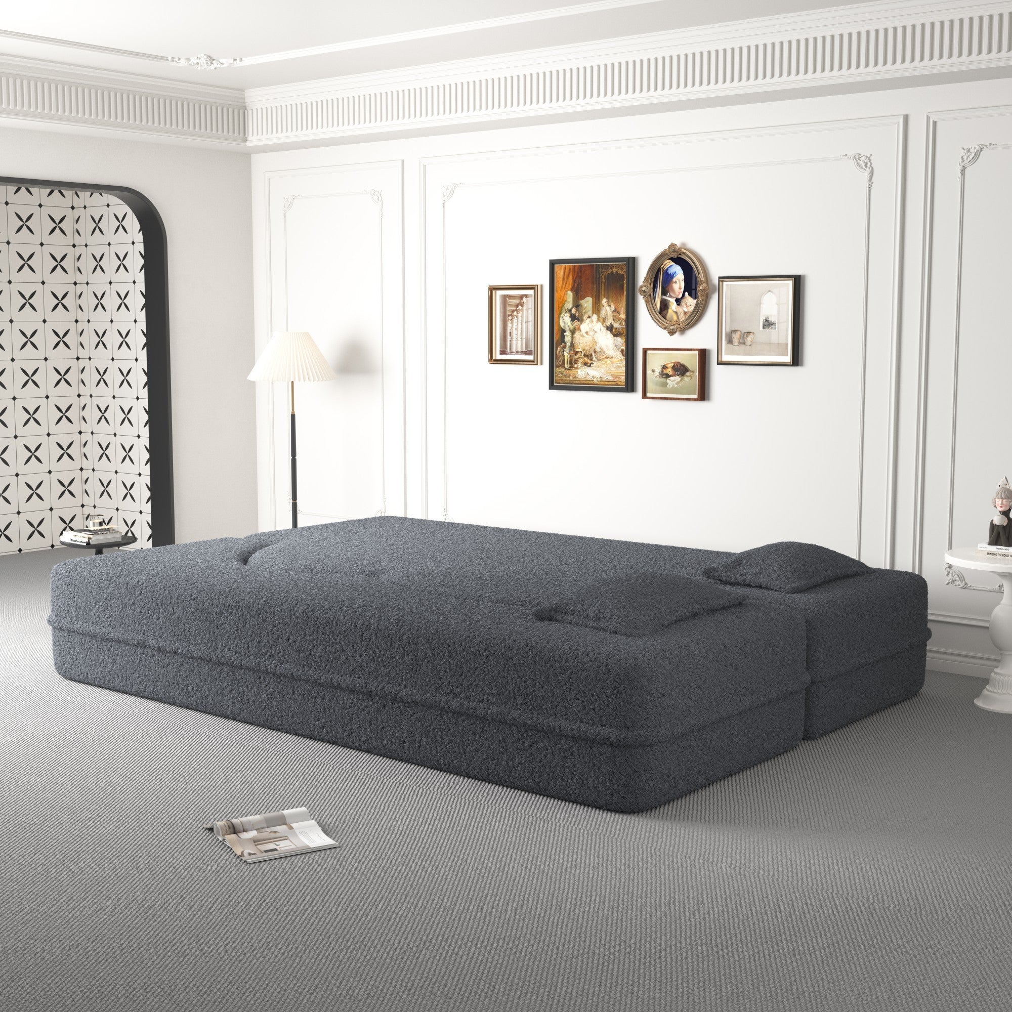 Modern Convertible Teddy Fabric Sofa with 2 Pillows