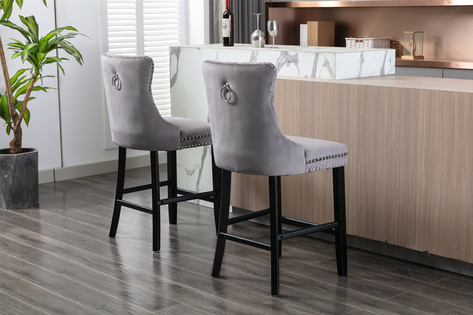 Contemporary Velvet Upholstered Barstools with Button Tufted Decoration (Set of 2)
