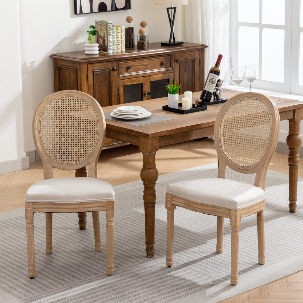 French Style Linen Fabric Rattan Back Dining Chairs (Set of 2)