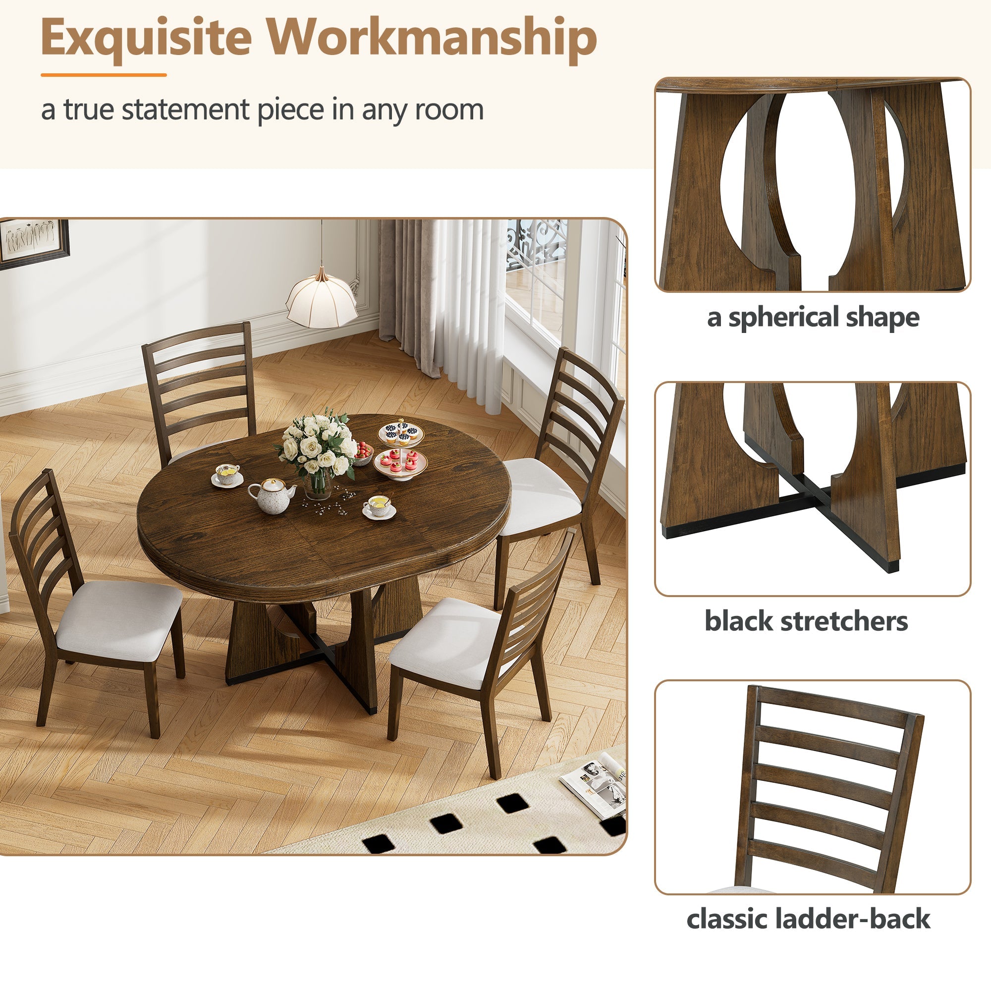 5-Piece Retro Extendable Dining Table Set with 16" Removable Leaf