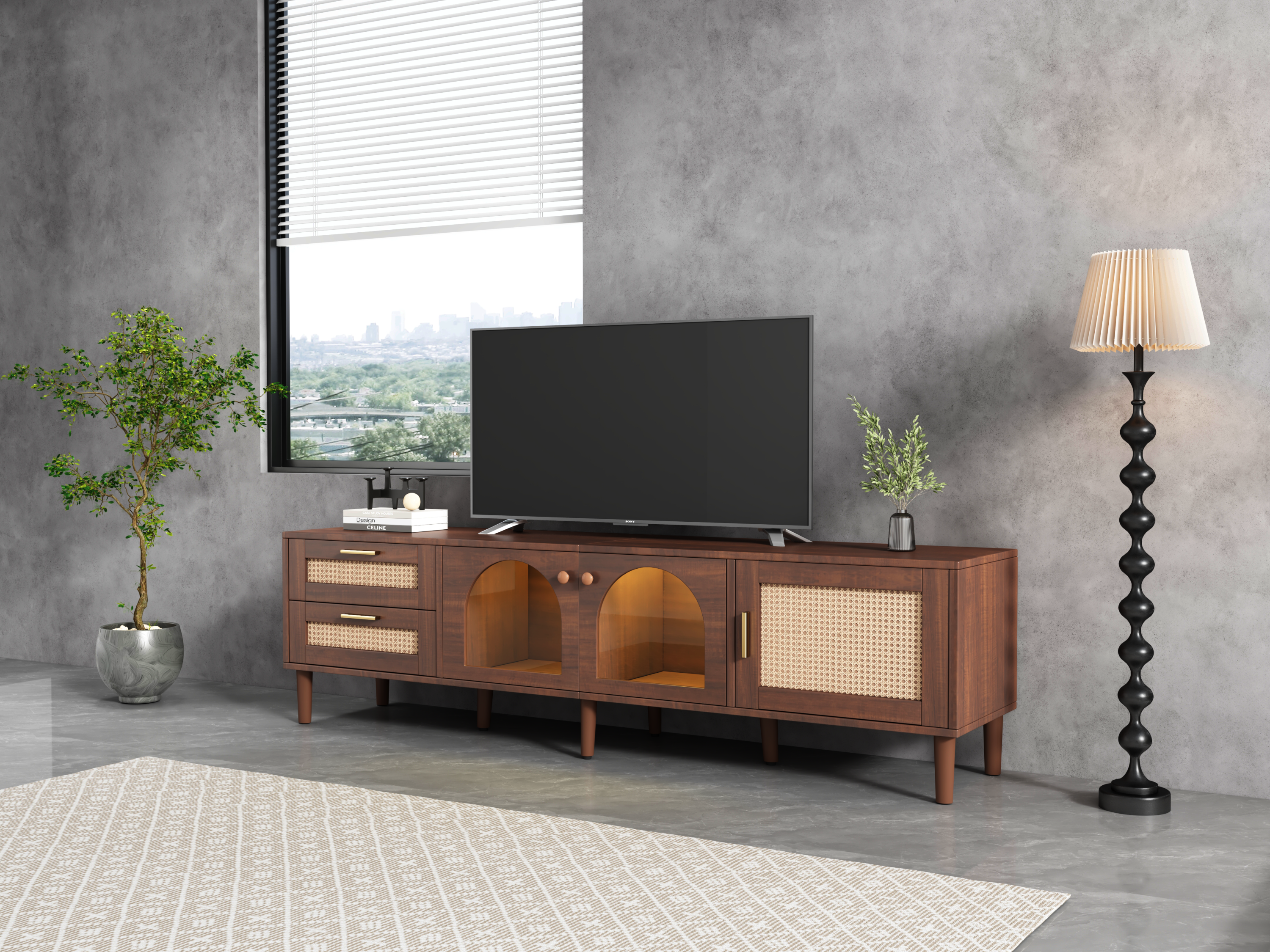70" Rattan LED Light Entertainment TV Stand