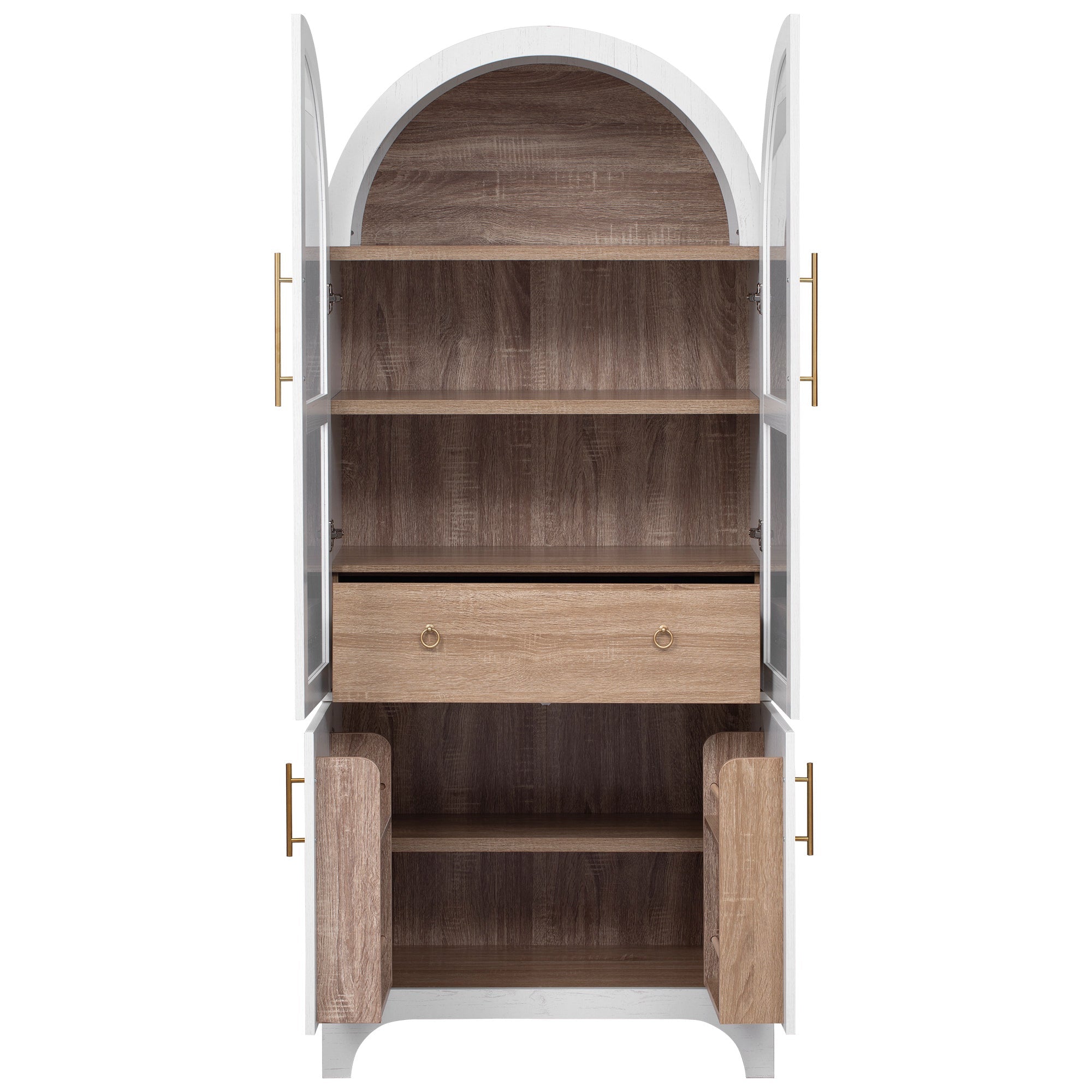 71" Tall Arched Farmhouse Kitchen Pantry Cabinet with Door Shelves