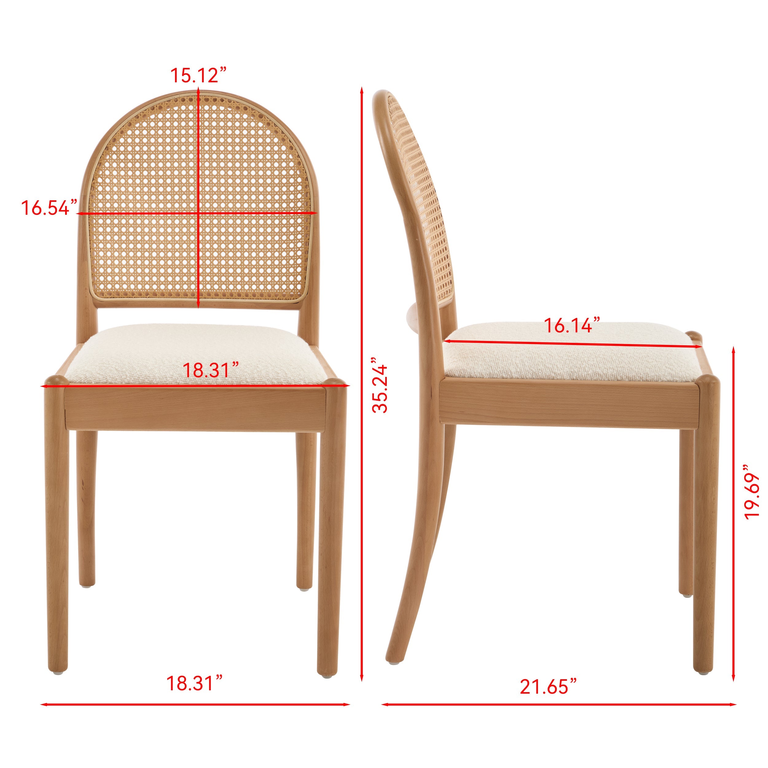Set of 2 Rattan Dining Chairs Upholstered Linen Modern Wood-Leg Kitchen Chairs