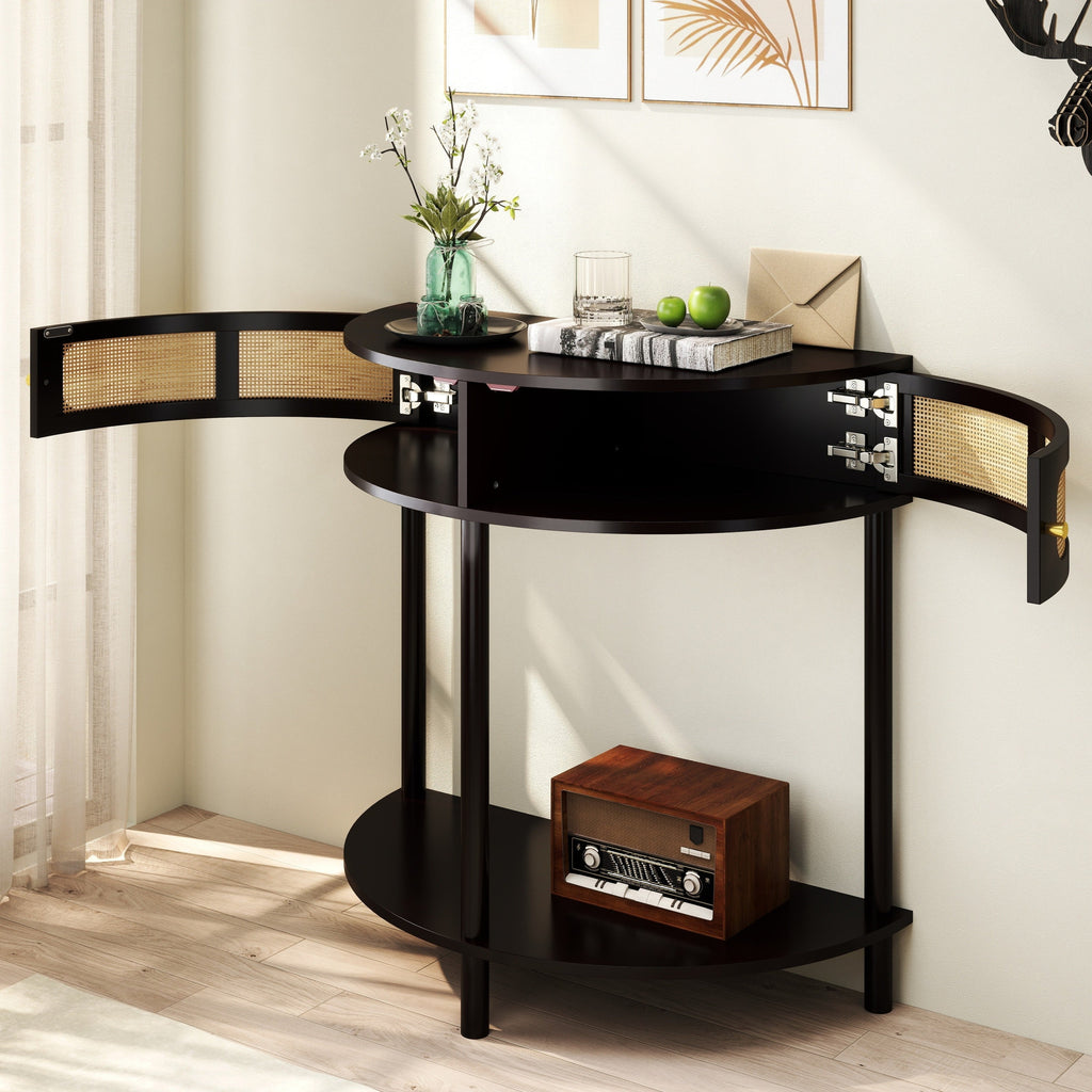 Rattan Semi Circle End Table with 2 Rattan Storage Cabinet