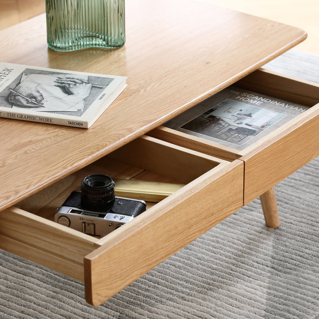 Low Table 100% Solid Wood 2-Drawer Natural Oak Coffee Table