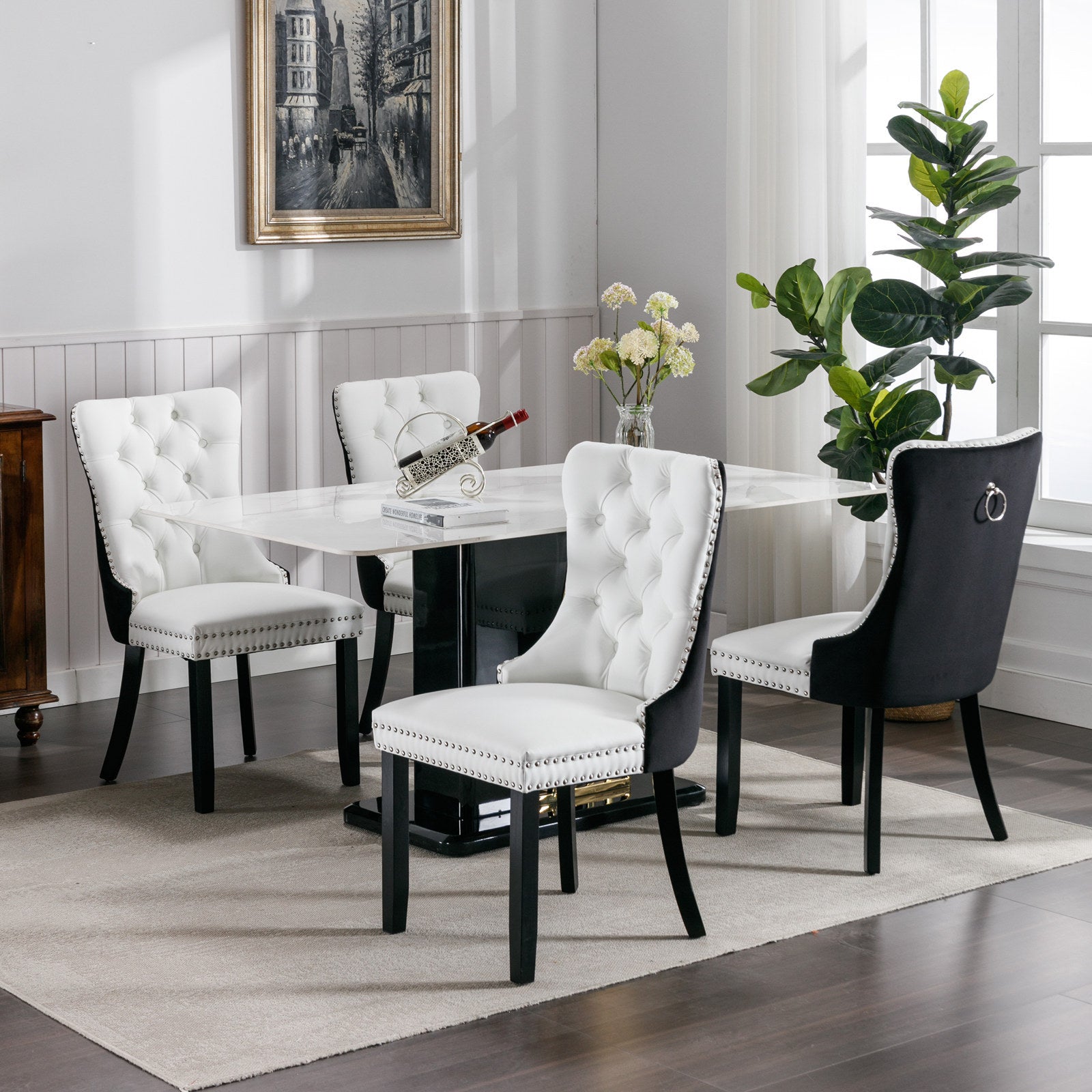 Tufted Solid Wood PU Upholstered Dining Chair with Wood Legs (Set of 2)