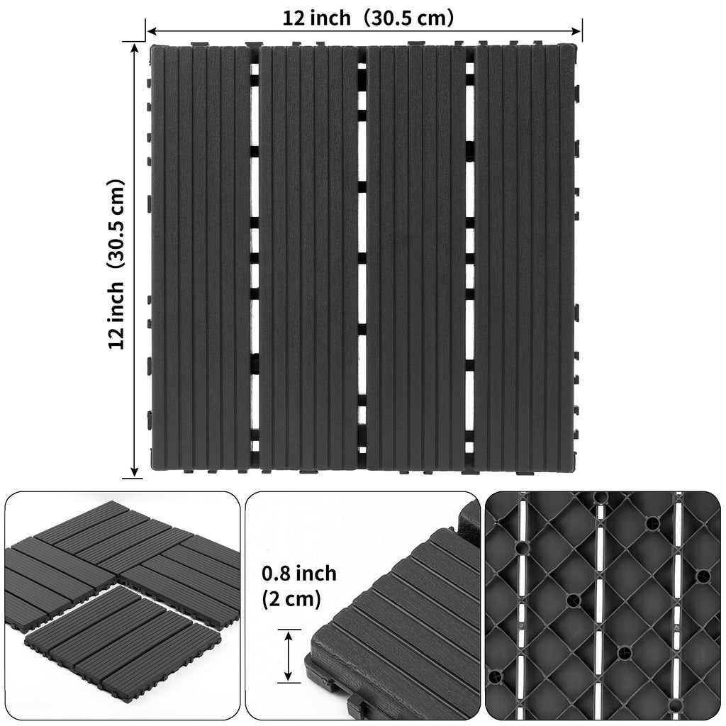 44 Pack 12x12 Plastic Interlocking Decking Tiles Waterproof Dark Gray