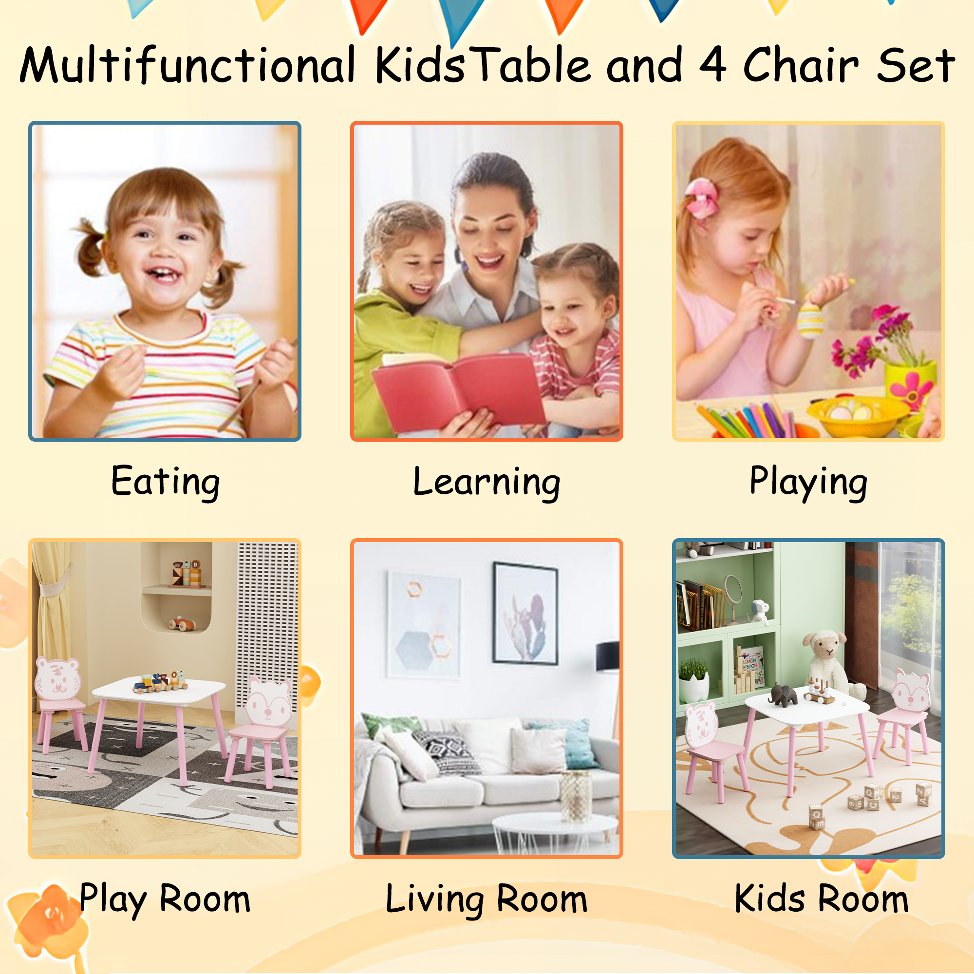 Kids 3-Piece Wooden Toddler Desk with Animal Backrest