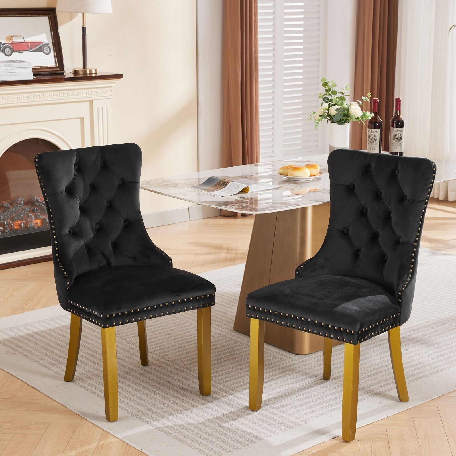 Mid-Century Velvet Dining Chairs with Lion Head Pull Ring (Set of 2)