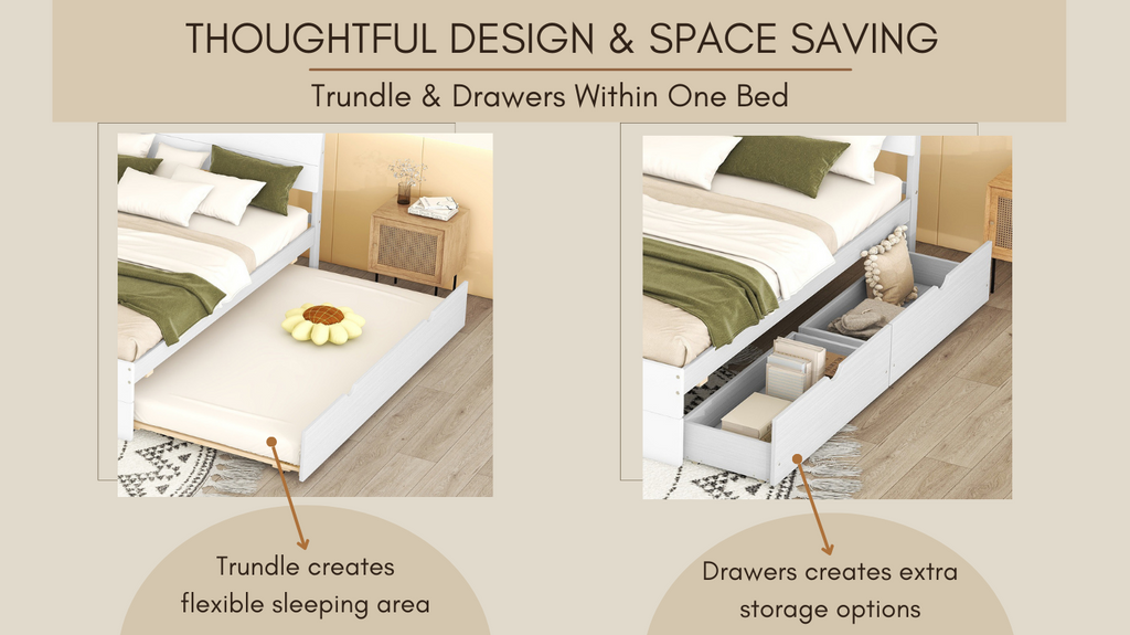Modern Full Size Bed Frame with Twin Size Trundle and 2 Drawers